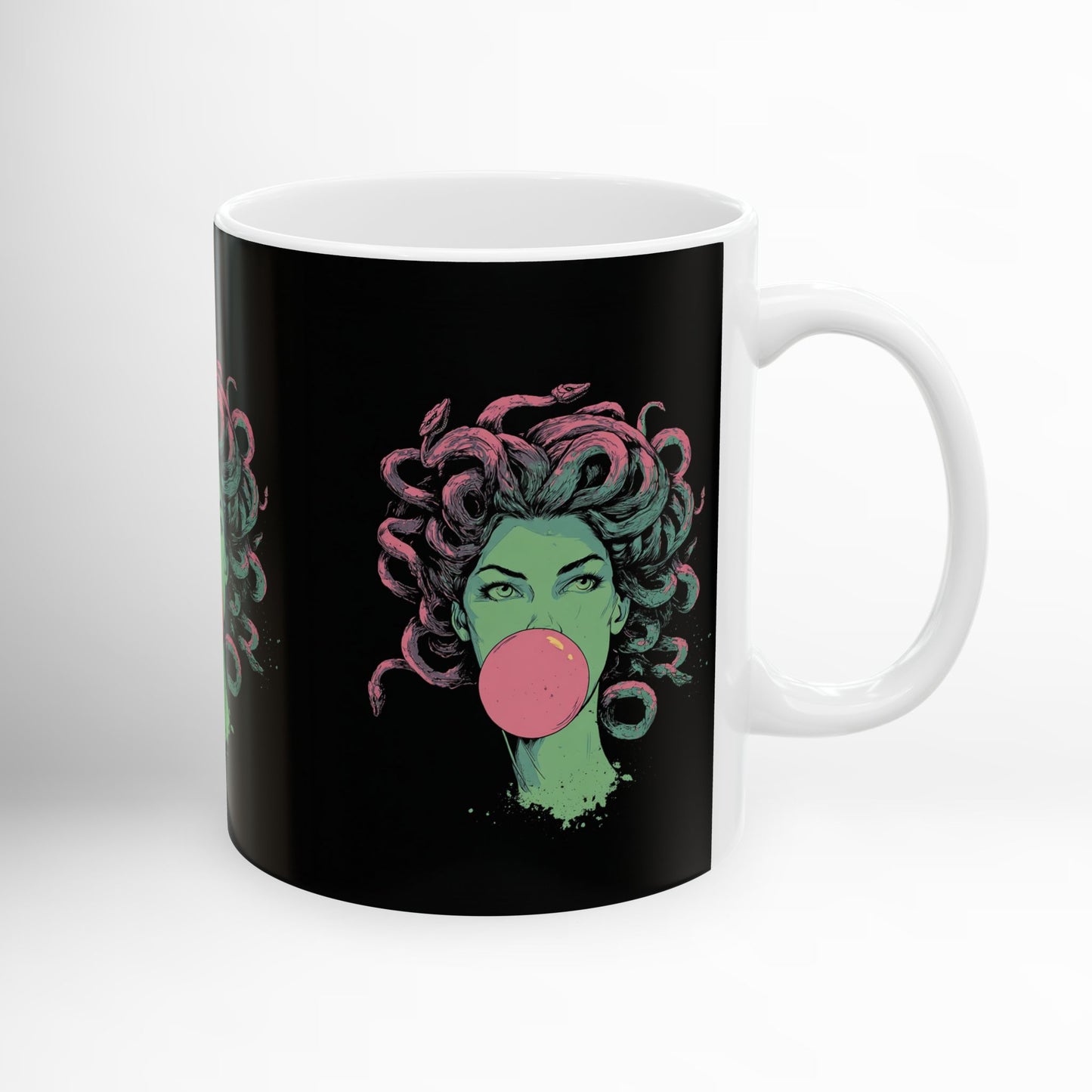 Greek mythology Medusa bubblegum mug in black – ceramic gift cup.