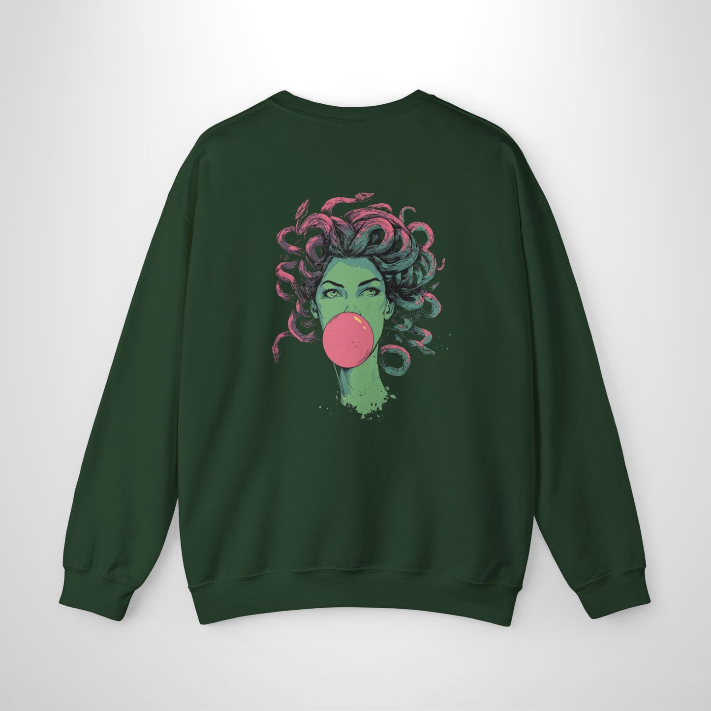 Green sweatshirt with a colorful graphic of a face blowing a bubble on a white background