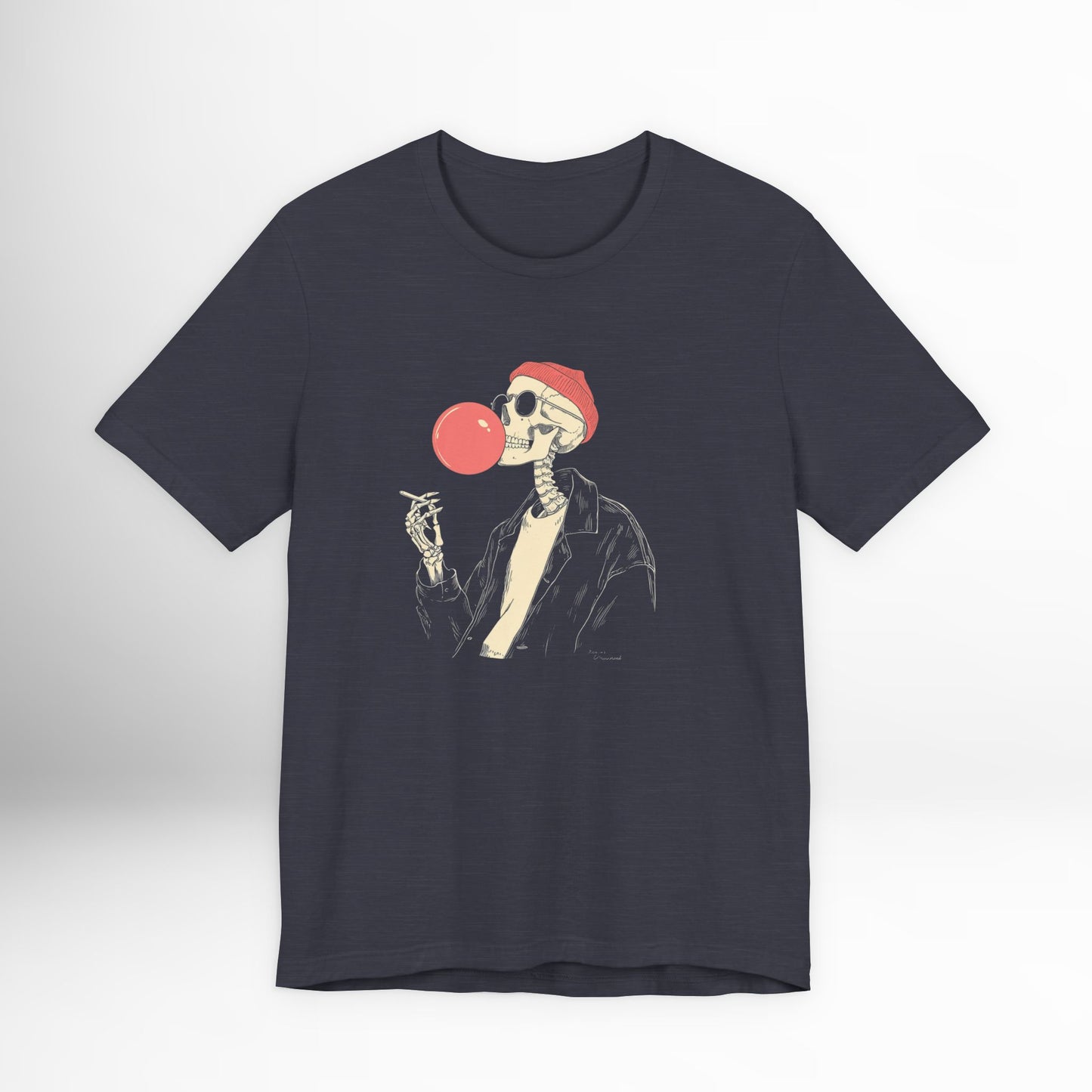 Black t-shirt with a skeleton wearing a Santa hat and blowing a red bubble gum bubble design on a white background.