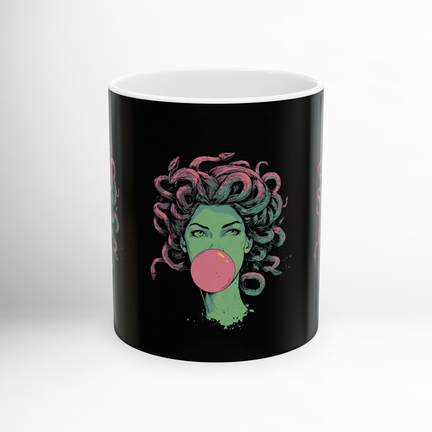 Medusa bubblegum design on black ceramic mug – Greek mythology coffee cup.