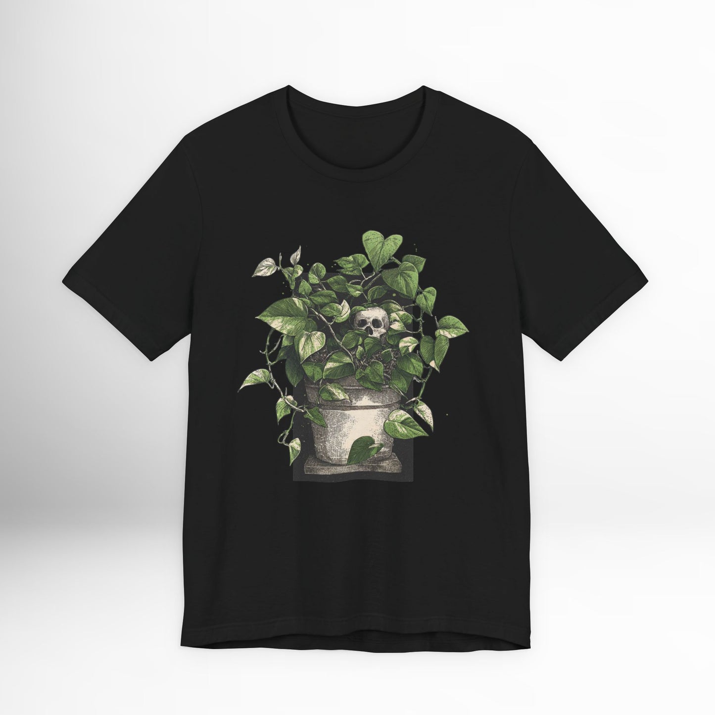 Black t-shirt with a plant graphic on a white background