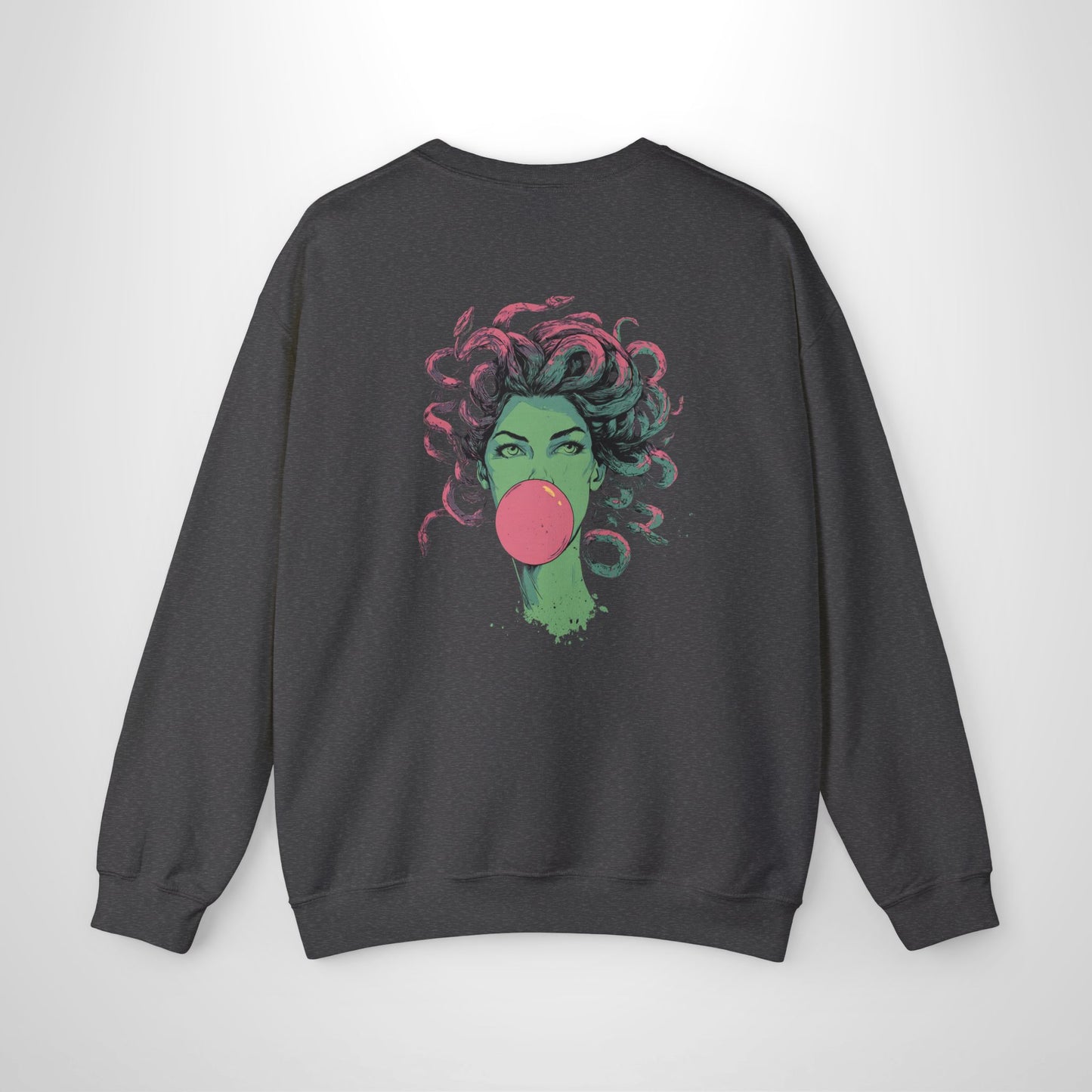 Black sweatshirt with a colorful graphic of a face blowing a bubble on a white background