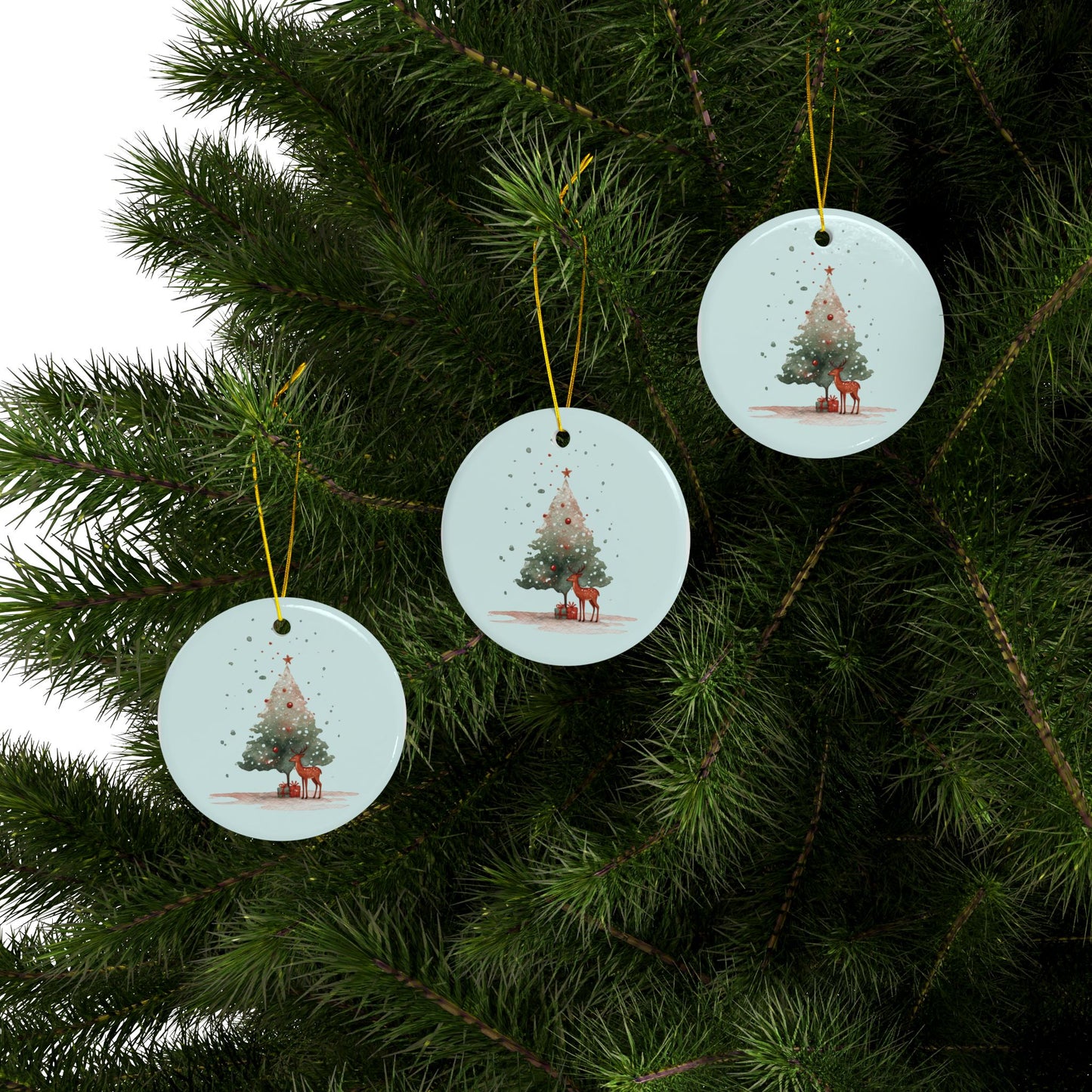 Three Christmas tree ornaments with reindeer designs hanging on a green pine branch.