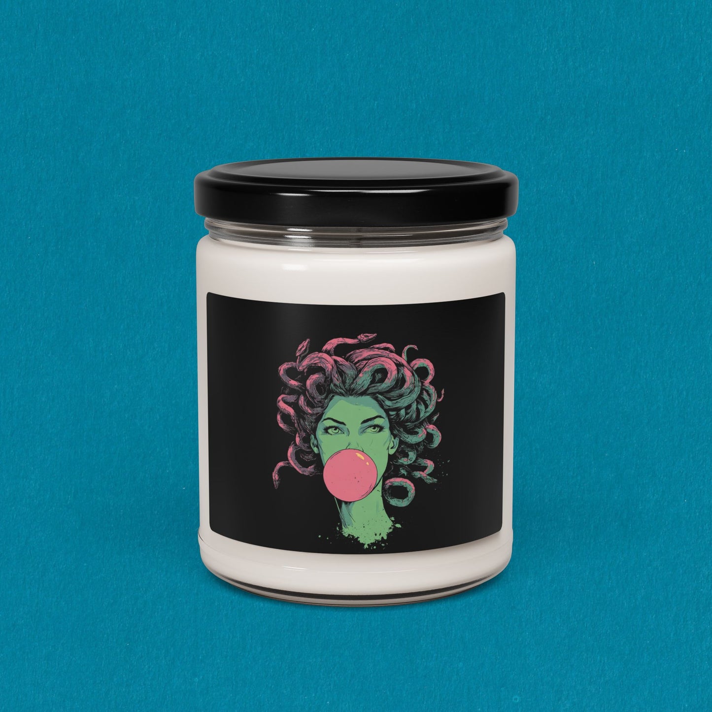 Medusa bubblegum candle in black glass jar with lid – Greek mythology scented candle.