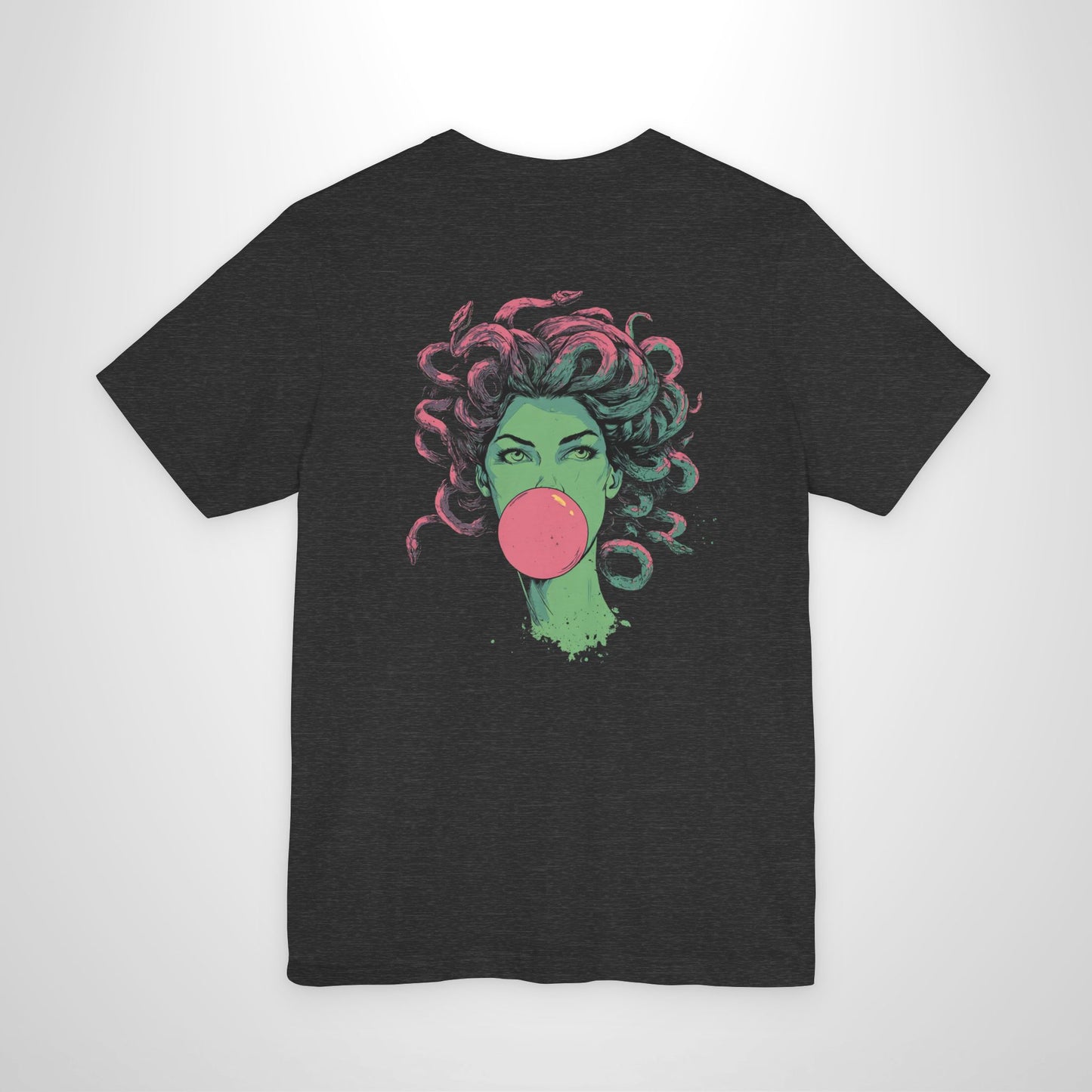 Dark Heather t-shirt with a graphic of a woman with pink hair and a bubble gum bubble on a white background