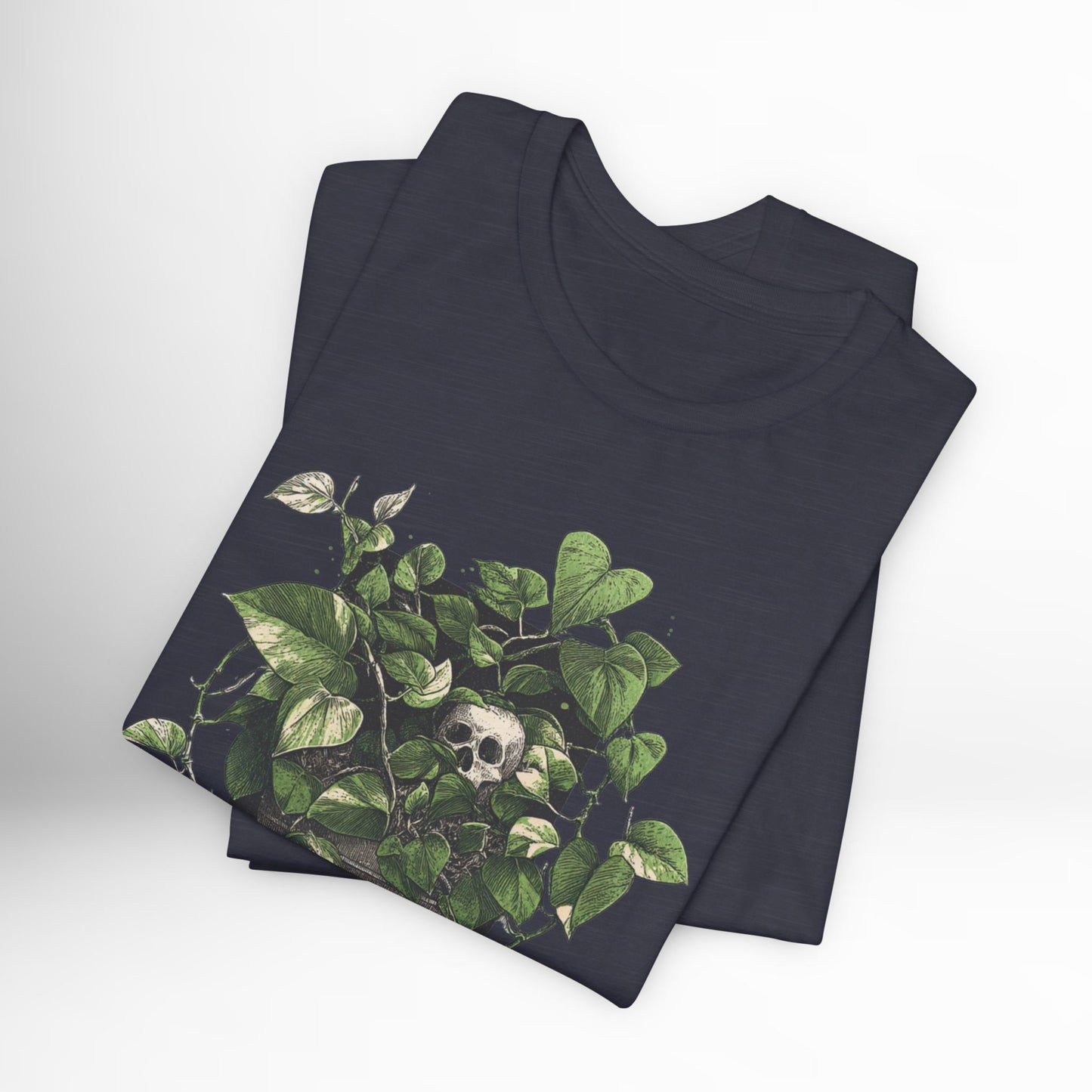 Dark gray t-shirt with green leaf design on a white background