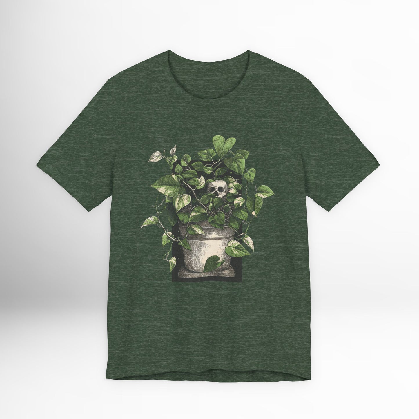 Green t-shirt with a potted plant design on a white background