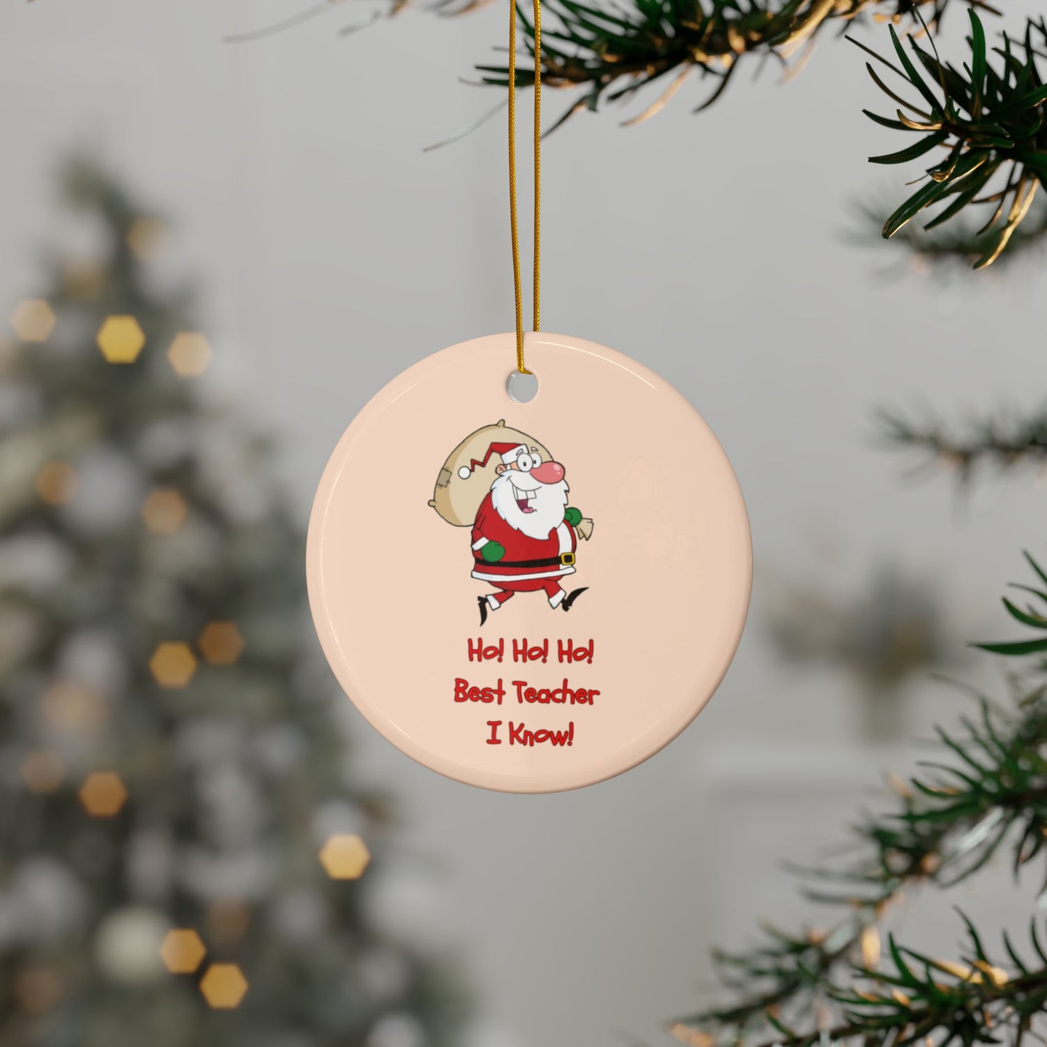 Round Christmas ornament with Santa Claus and text, hanging on a tree branch.