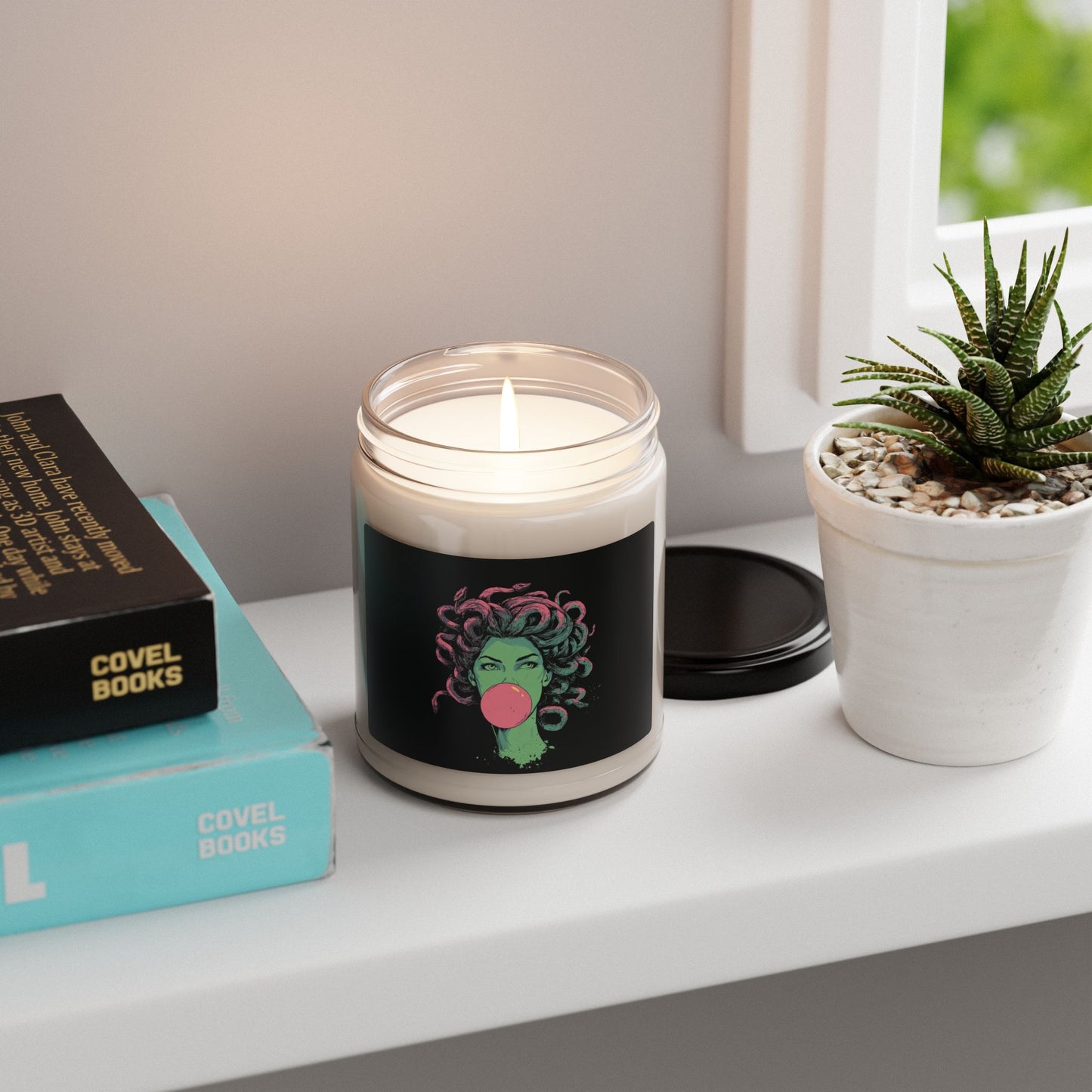 Medusa bubblegum candle jar – modern Greek mythology home décor and gift.