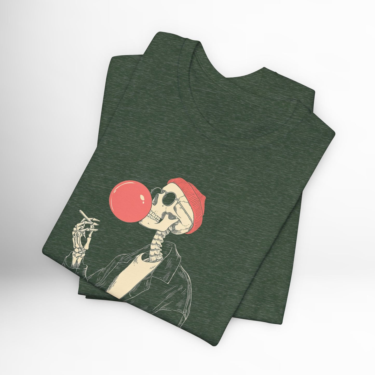 Green t-shirt with a skeleton blowing a red bubble gum bubble design on a white background