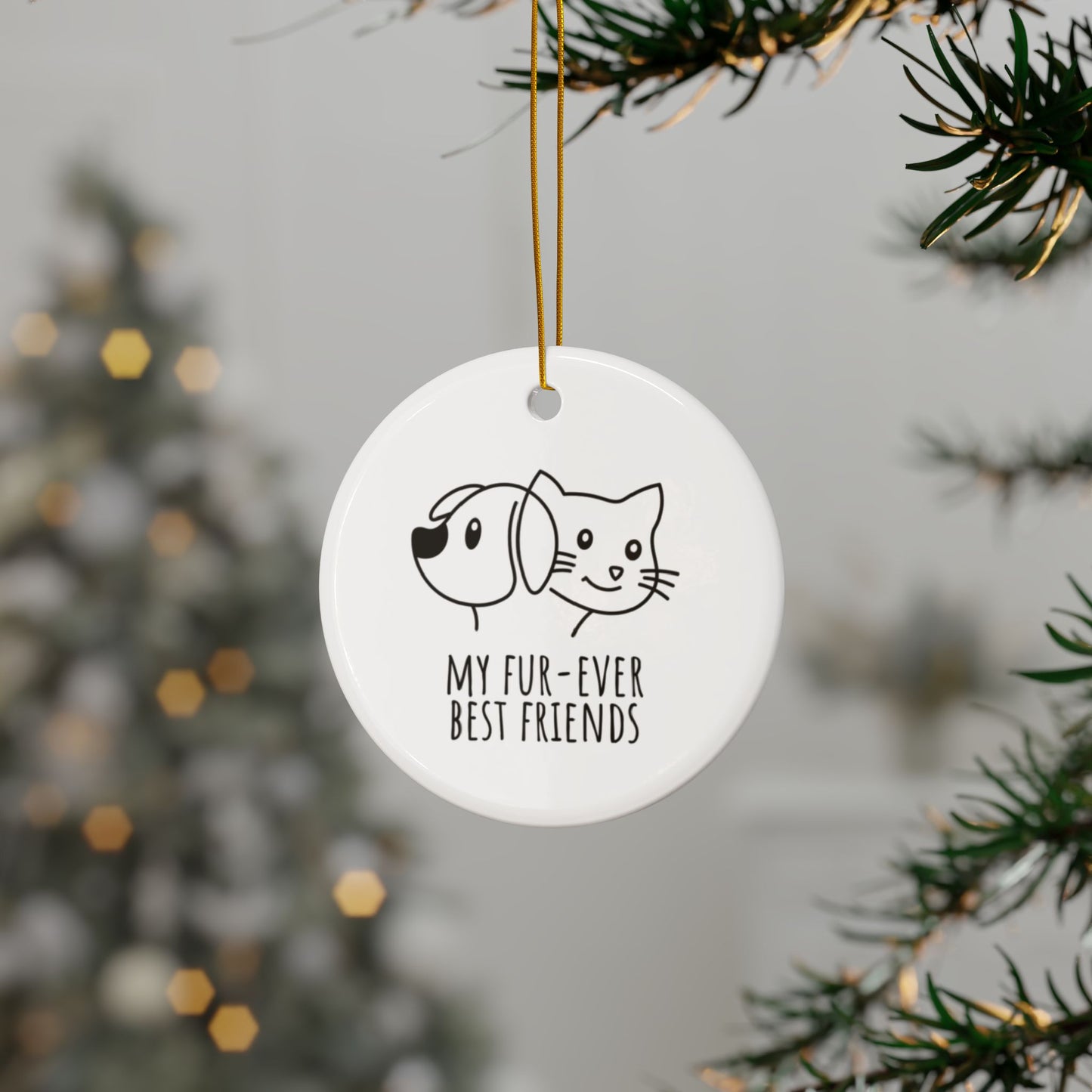 Dog and cat ceramic Christmas ornament with My Fur-ever Best Friends design – pet lover holiday keepsake.