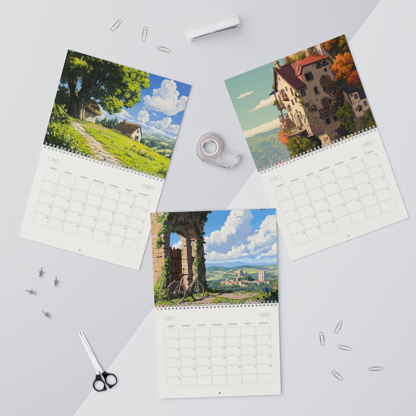 2026 wall calendar with Studio Ghibli inspired landscape scenes, hanging and flat display mockups.