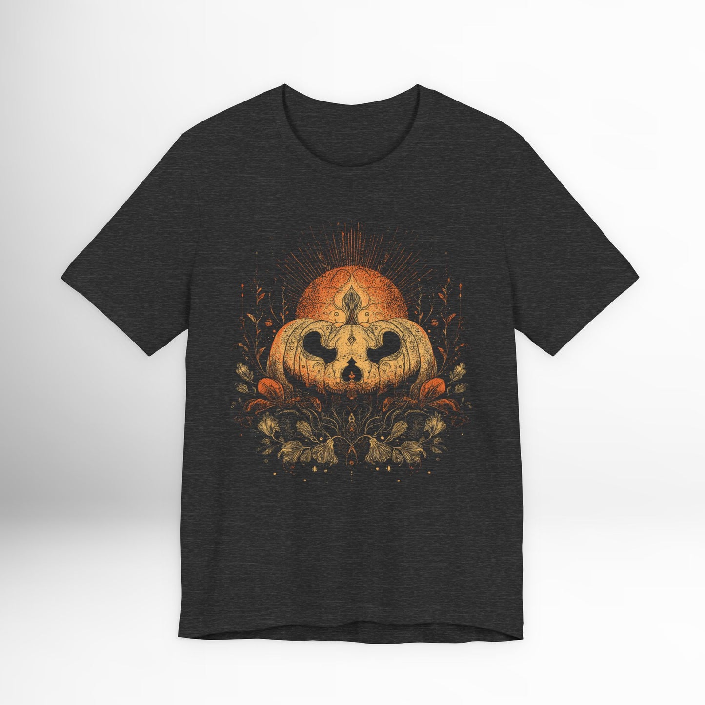 Black t-shirt with a pumpkin design on a white background