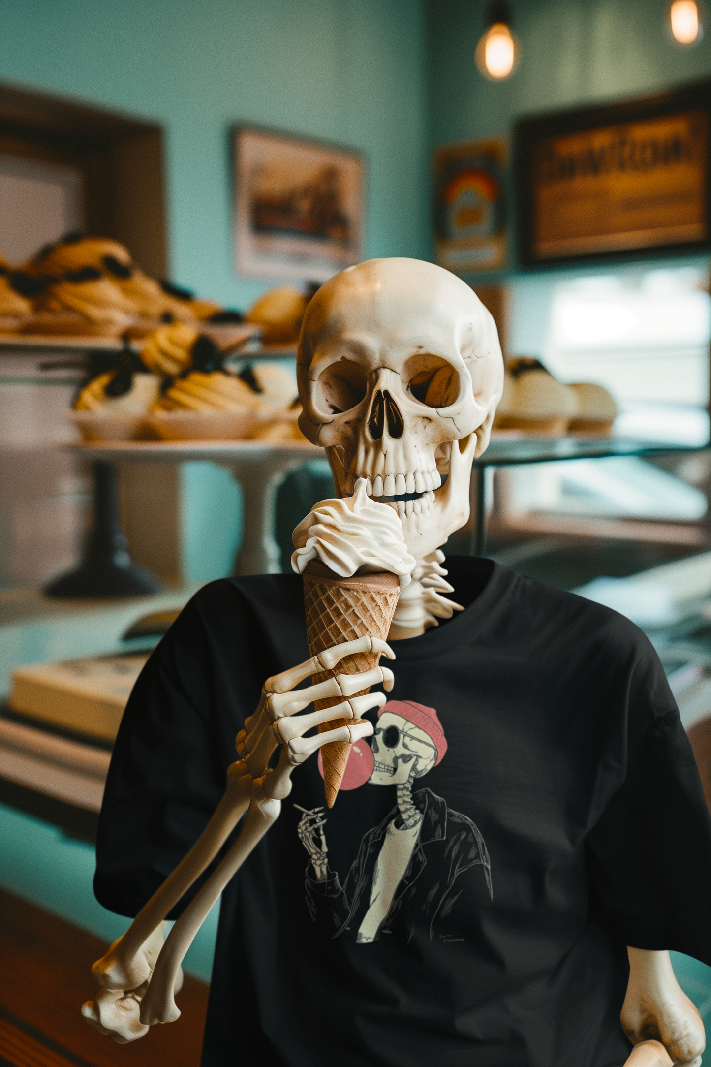 Skeletal hand holding a ice cream cone with a pink cherry in a store setting