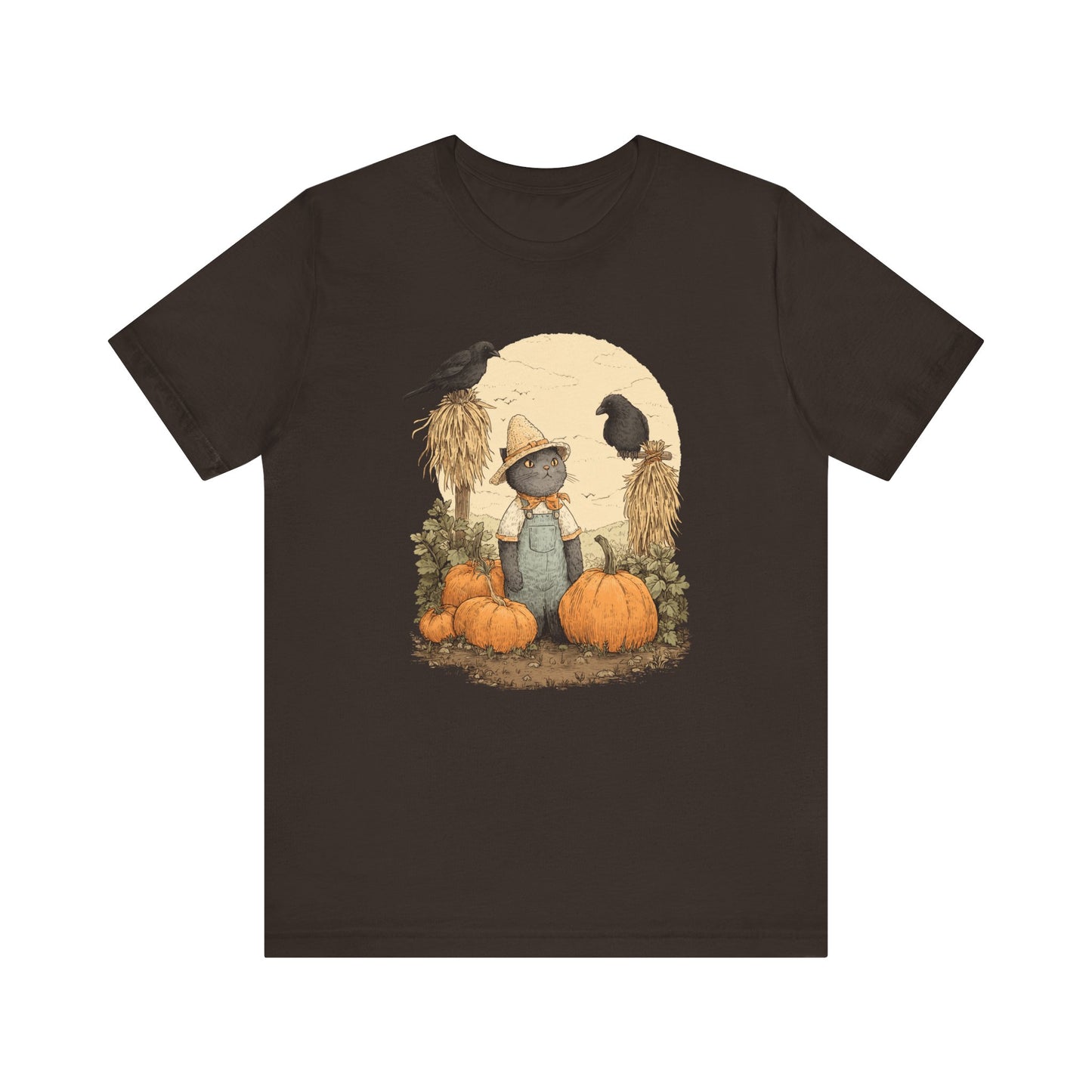 Harvest Cat T-Shirt Grey Cat with Scarecrows & Pumpkins, Fall Graphic Tee, Halloween Cute Creepy Shirt, Autumn Pet Lover Gift