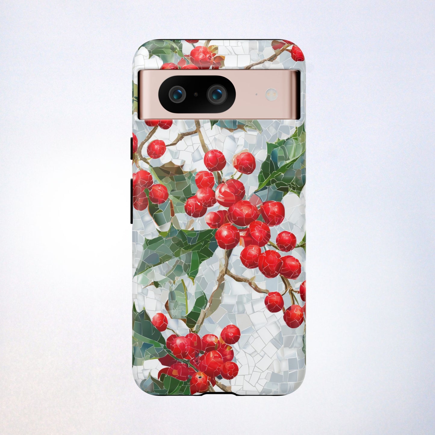 Holly Berry Phone Case, Christmas Mosaic Design, Winter Botanical Cover for iPhone Samsung Pixel