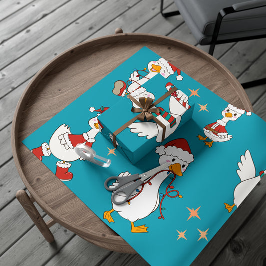 blue Christmas wrapping paper with geese wearing Santa hats.