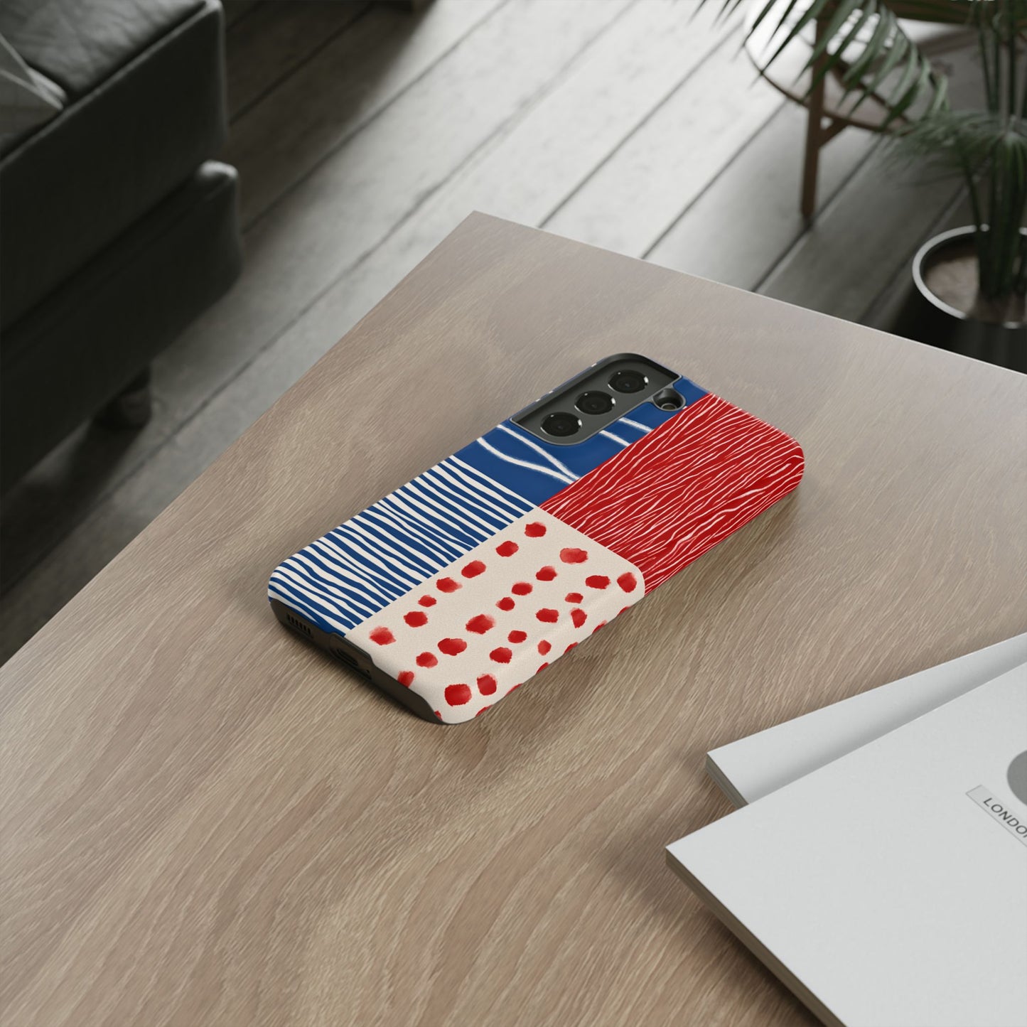 Abstract Geometric Phone Case | Red, Blue & White Pattern Cover for iPhone, Galaxy, Pixel