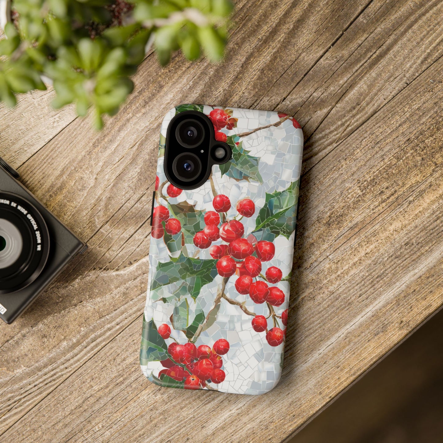 Holly Berry Phone Case, Christmas Mosaic Design, Winter Botanical Cover for iPhone Samsung Pixel
