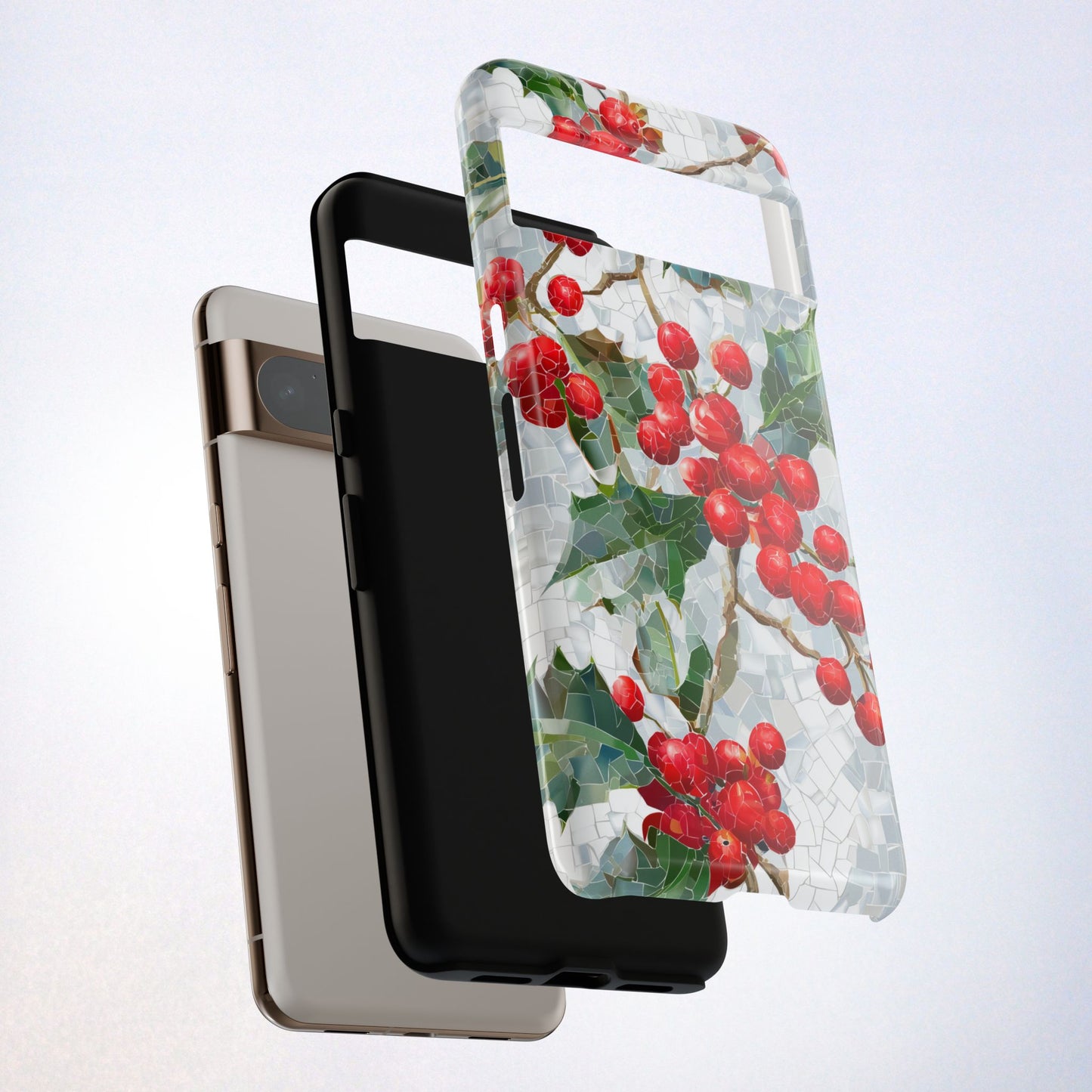 Holly Berry Phone Case, Christmas Mosaic Design, Winter Botanical Cover for iPhone Samsung Pixel