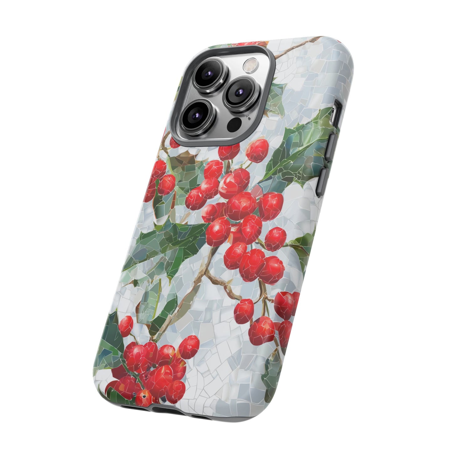 Holly Berry Phone Case, Christmas Mosaic Design, Winter Botanical Cover for iPhone Samsung Pixel