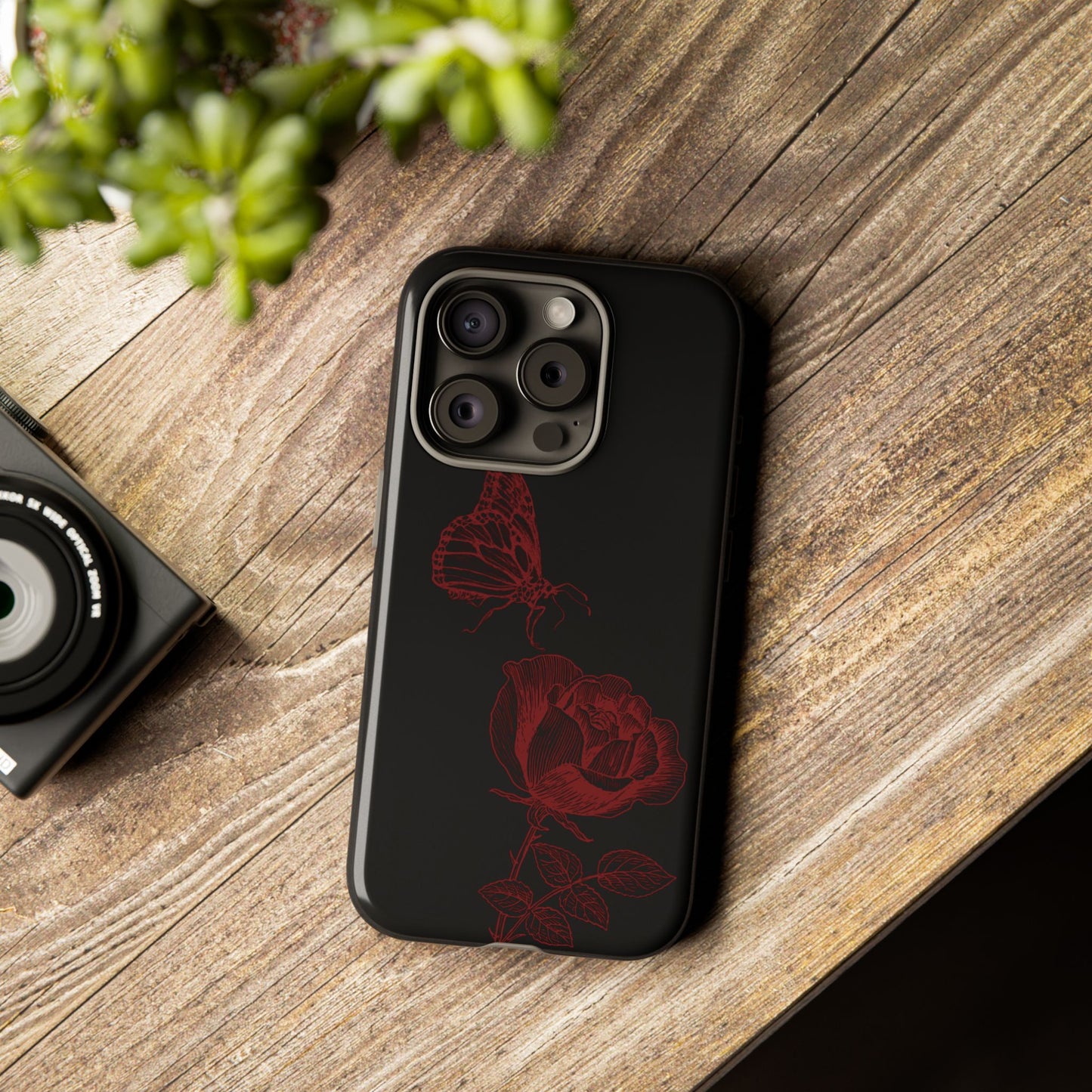 Black Rose and Butterfly Phone Case - Dark Academia Aesthetic Gothic iPhone, Galaxy and Pixel Cover