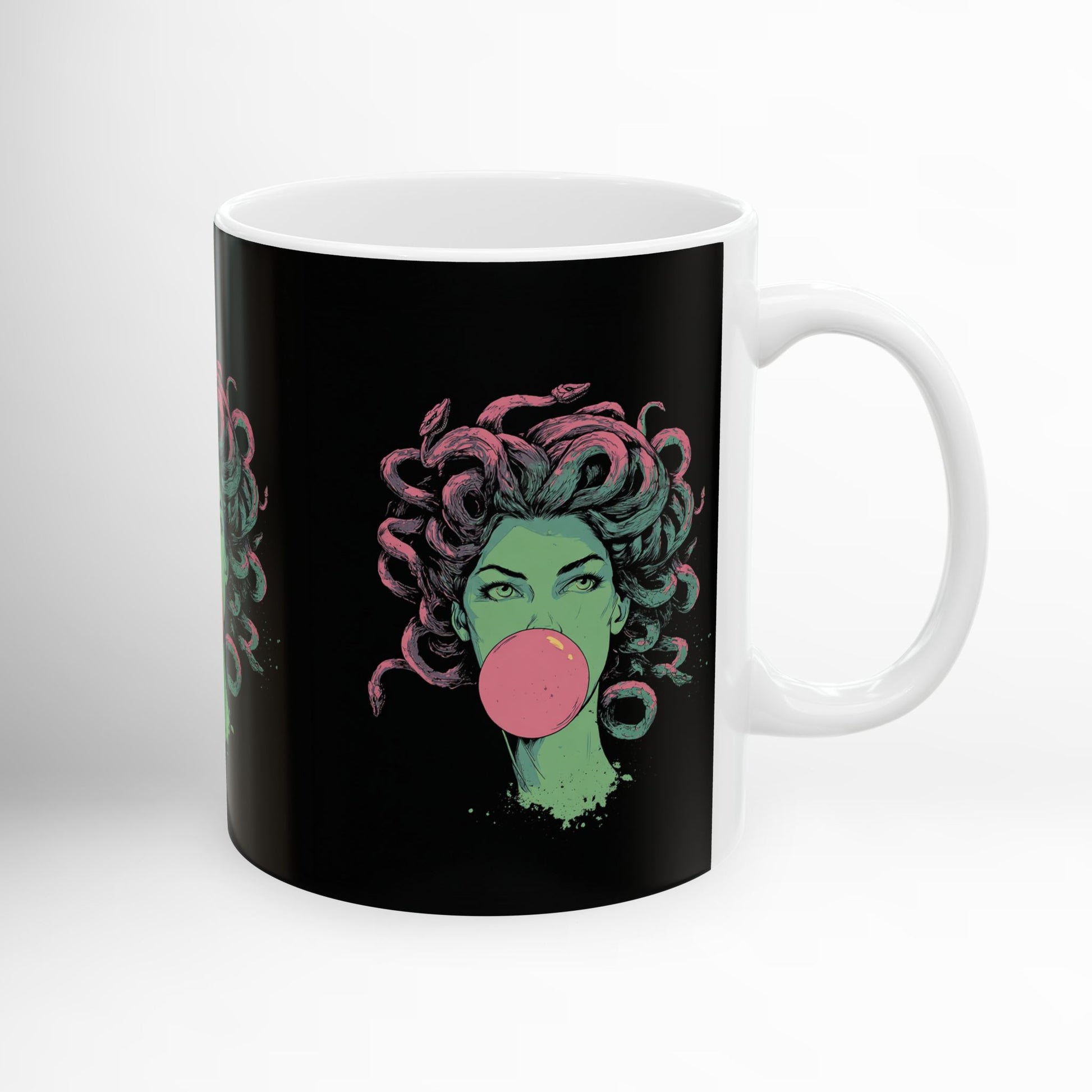 Greek mythology Medusa bubblegum mug in black – ceramic gift cup.