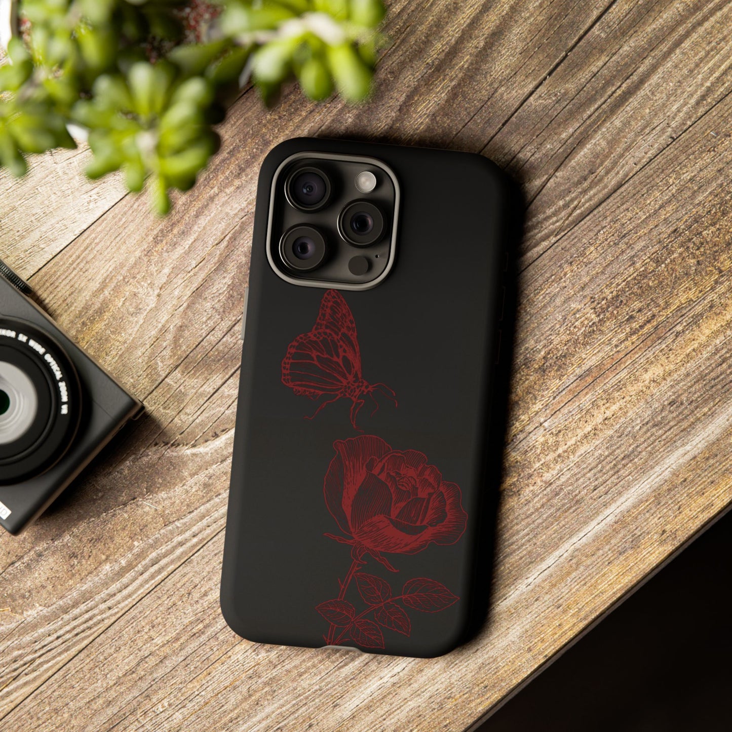 Black Rose and Butterfly Phone Case - Dark Academia Aesthetic Gothic iPhone, Galaxy and Pixel Cover