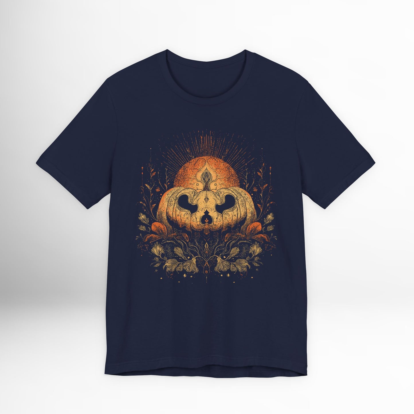 Navy blue t-shirt with a pumpkin graphic on a white background