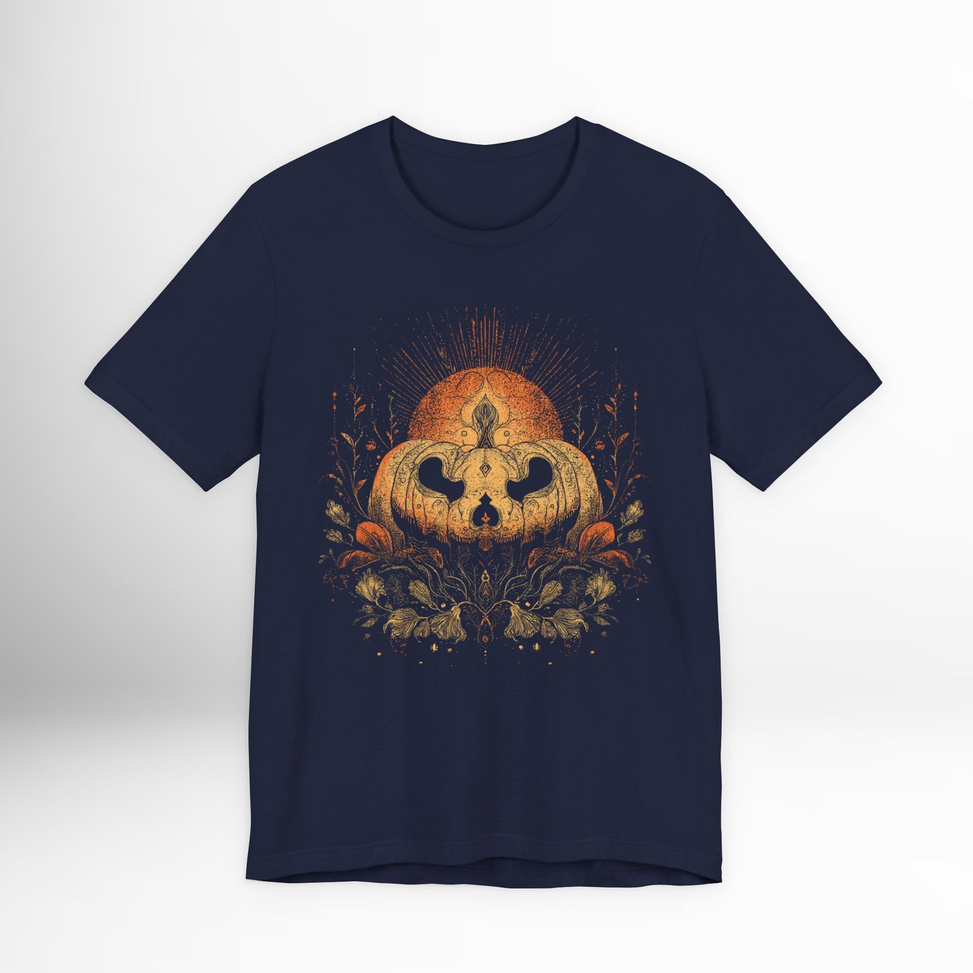 Navy blue t-shirt with a pumpkin graphic on a white background