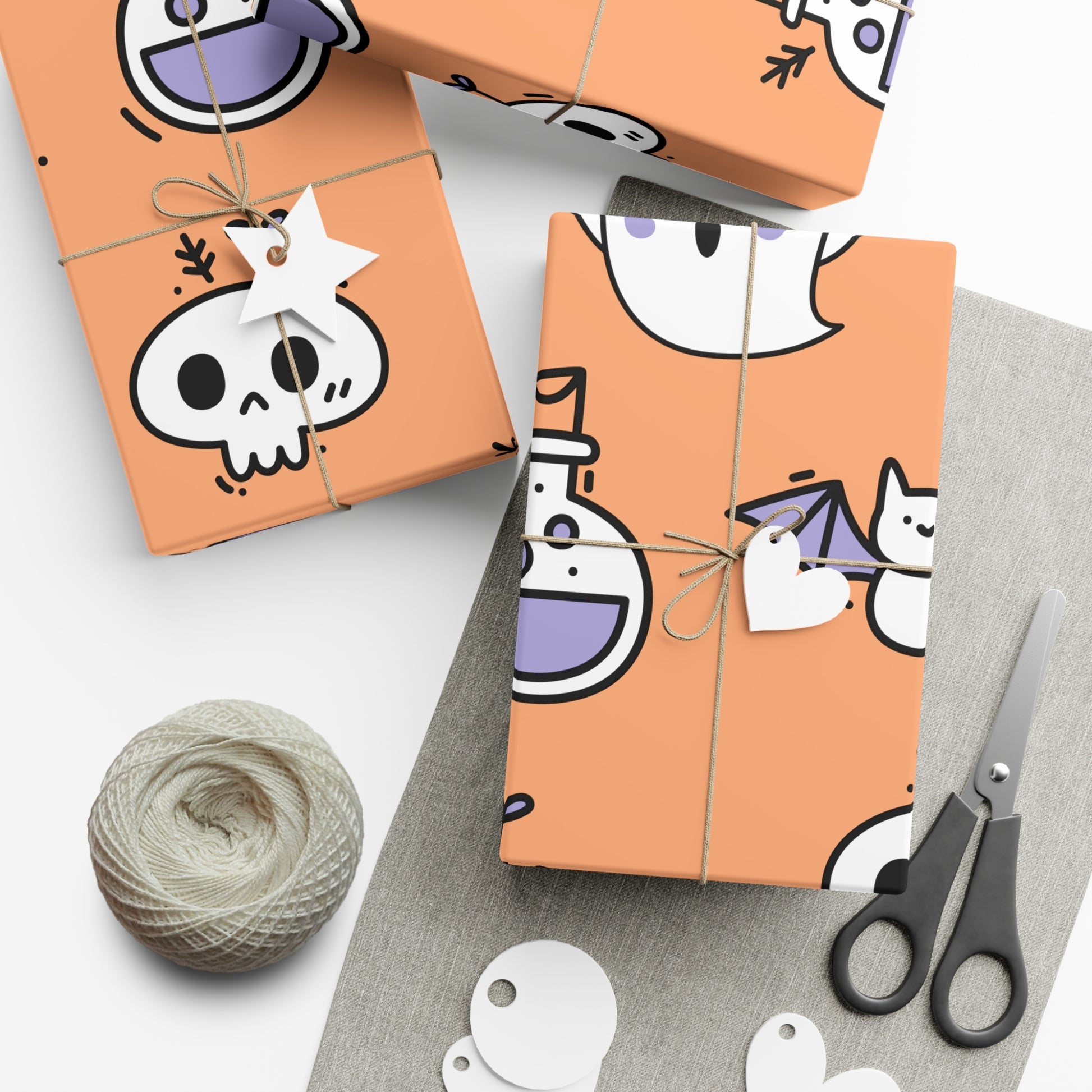 Halloween gift wrapped in orange paper with pumpkins, ghosts, and witch hats – seasonal spooky wrapping paper.
