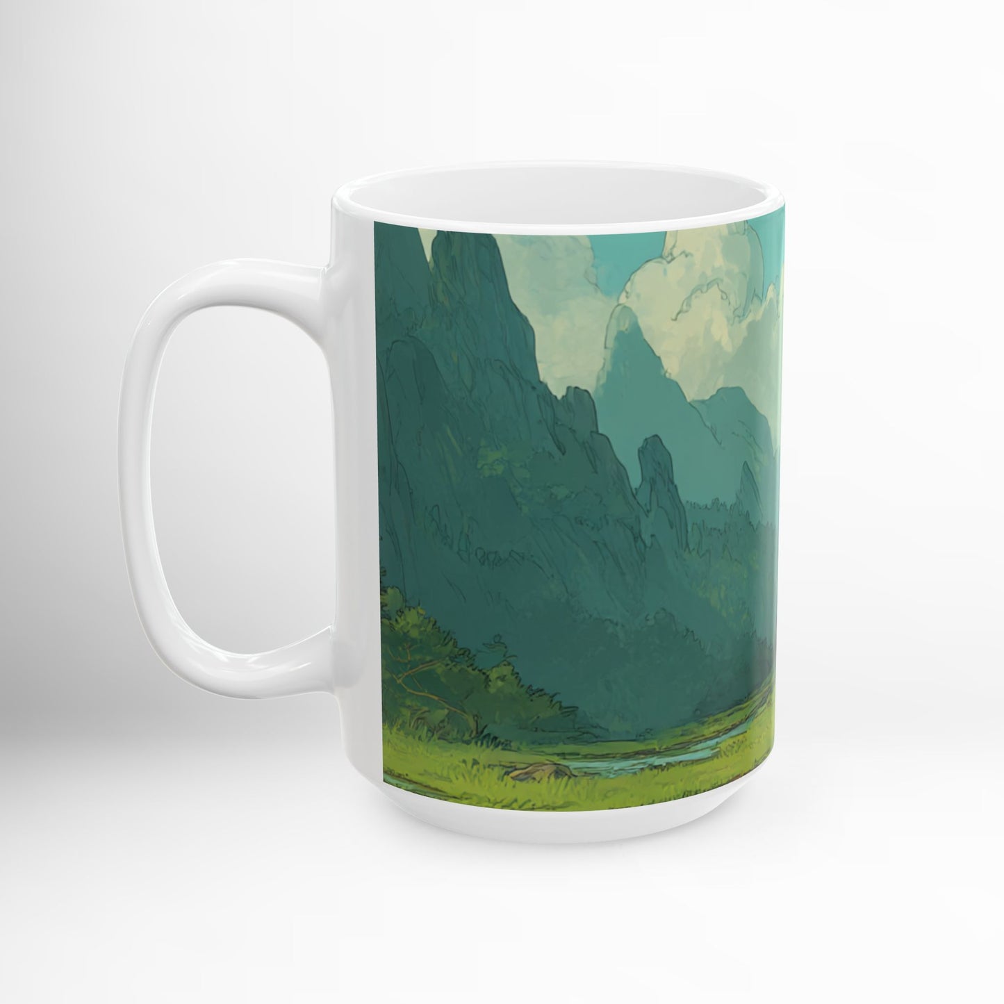 Ghibli-Inspired Mountain Cabin Mug Scenic Nature Ceramic Coffee Cup, Cozy Rustic Forest Drinkware, Whimsical Landscape Gift 11oz & 15oz