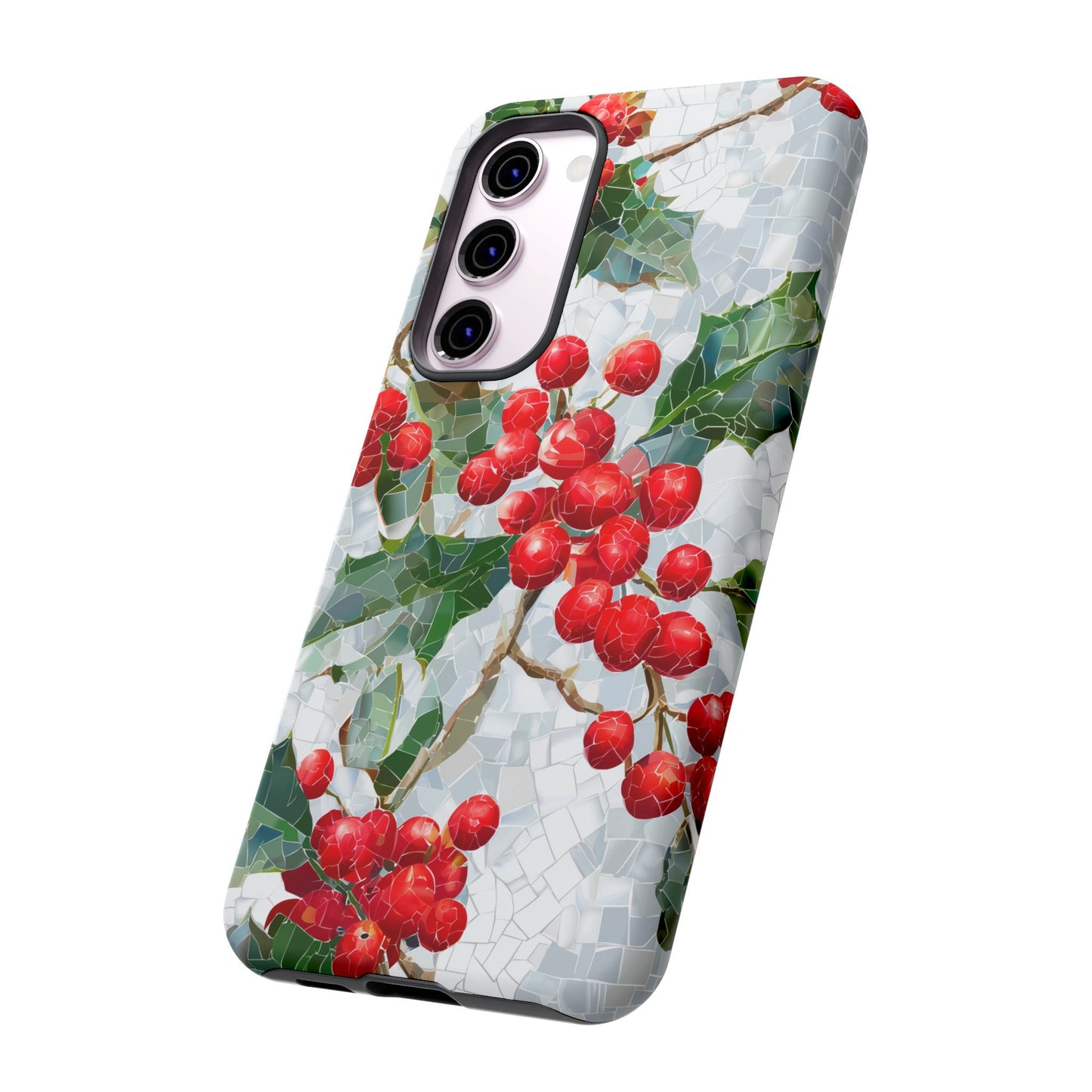 Holly Berry Phone Case, Christmas Mosaic Design, Winter Botanical Cover for iPhone Samsung Pixel