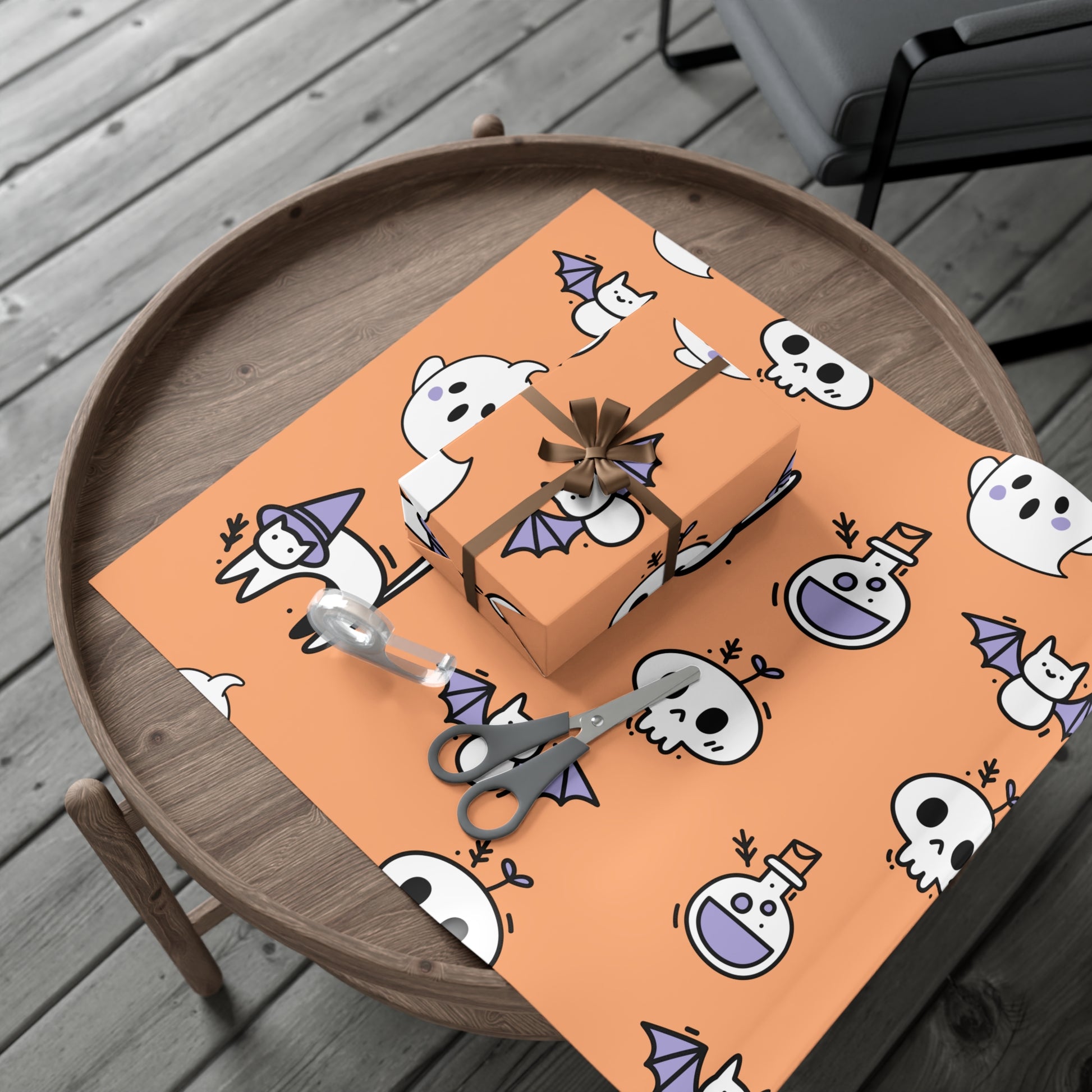 Halloween wrapping paper with ghosts, skulls, pumpkins, and witch hats on orange background – spooky holiday gift wrap.