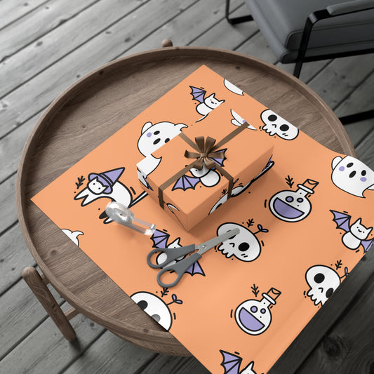 Halloween wrapping paper with ghosts, skulls, pumpkins, and witch hats on orange background – spooky holiday gift wrap.