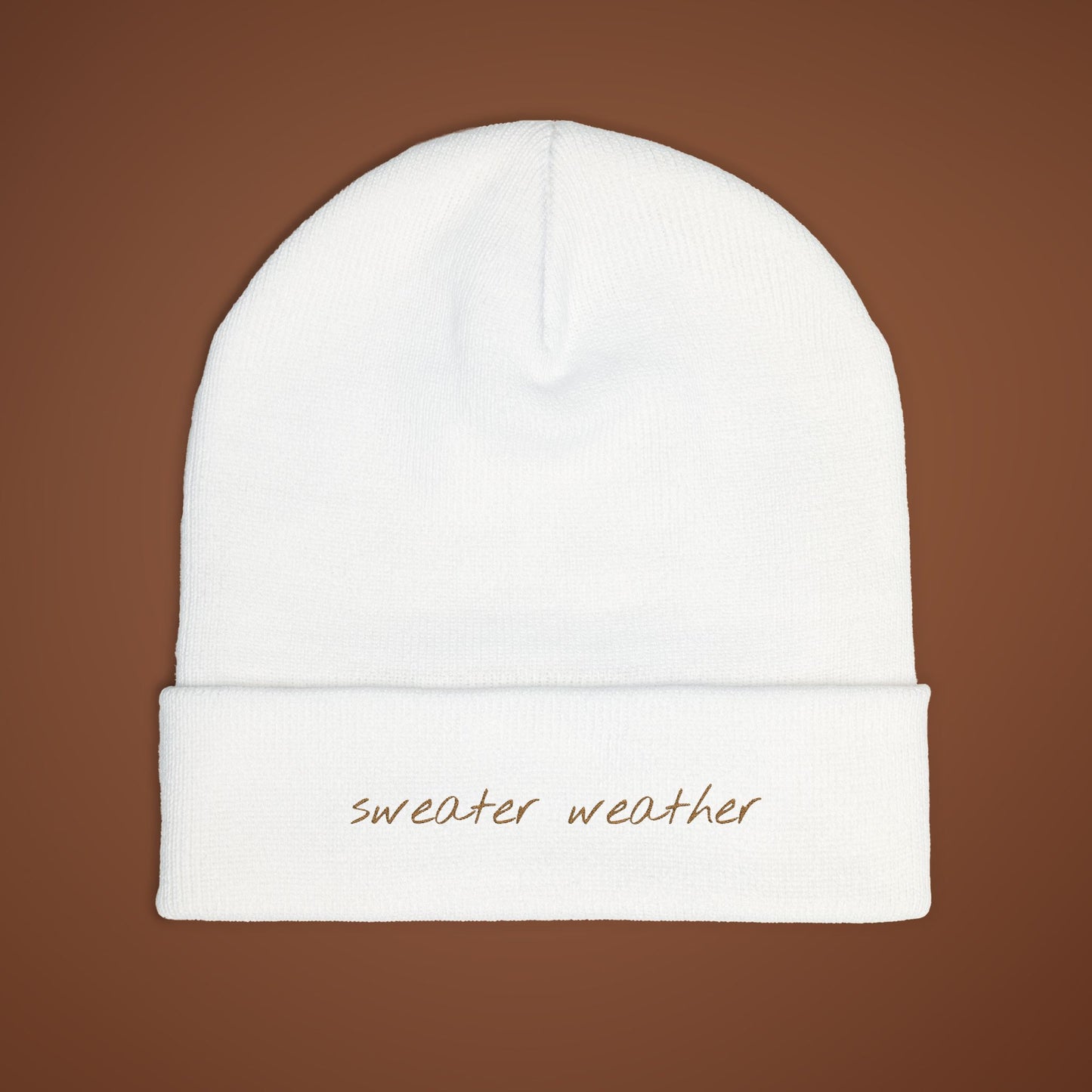 Sweater Weather Embroidered Beanie, Cozy Knit Fall Hat, Winter Accessory, Brown Embroidery Autumn Fashion Gift