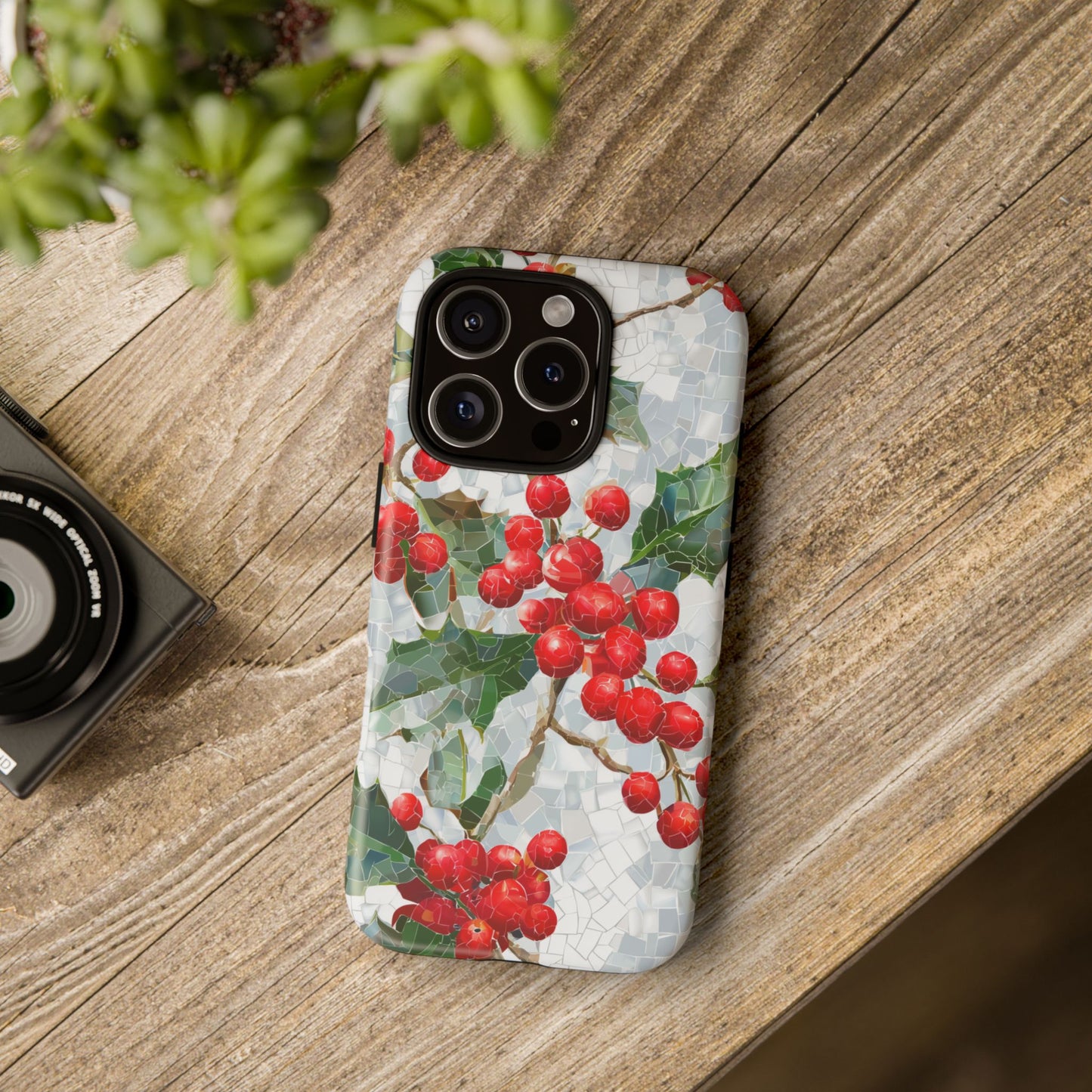 Holly Berry Phone Case, Christmas Mosaic Design, Winter Botanical Cover for iPhone Samsung Pixel