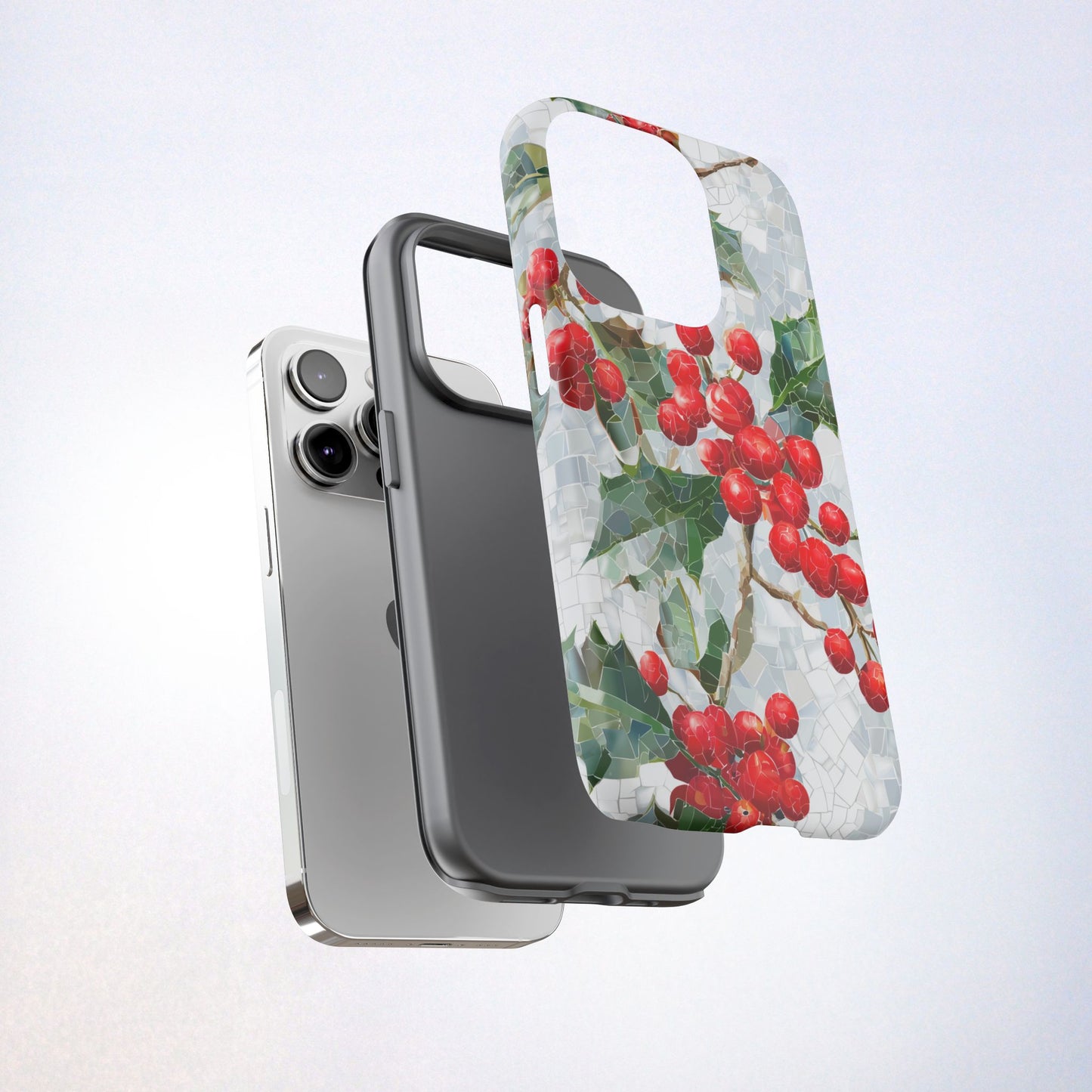 Holly Berry Phone Case, Christmas Mosaic Design, Winter Botanical Cover for iPhone Samsung Pixel