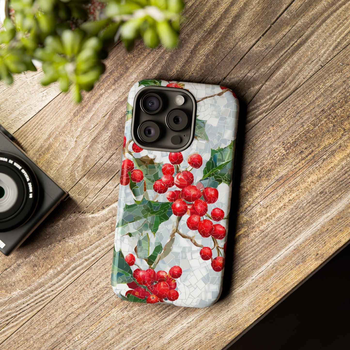 Holly Berry Phone Case, Christmas Mosaic Design, Winter Botanical Cover for iPhone Samsung Pixel