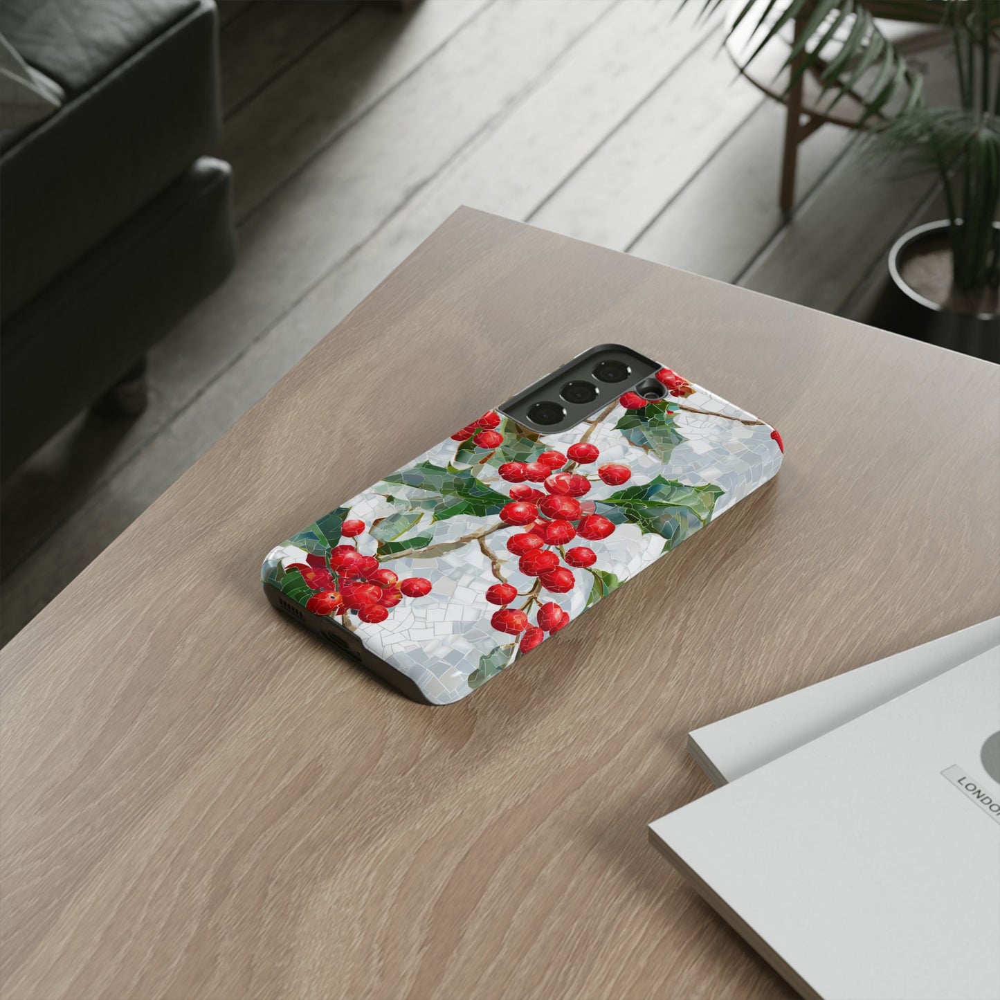 Holly Berry Phone Case, Christmas Mosaic Design, Winter Botanical Cover for iPhone Samsung Pixel