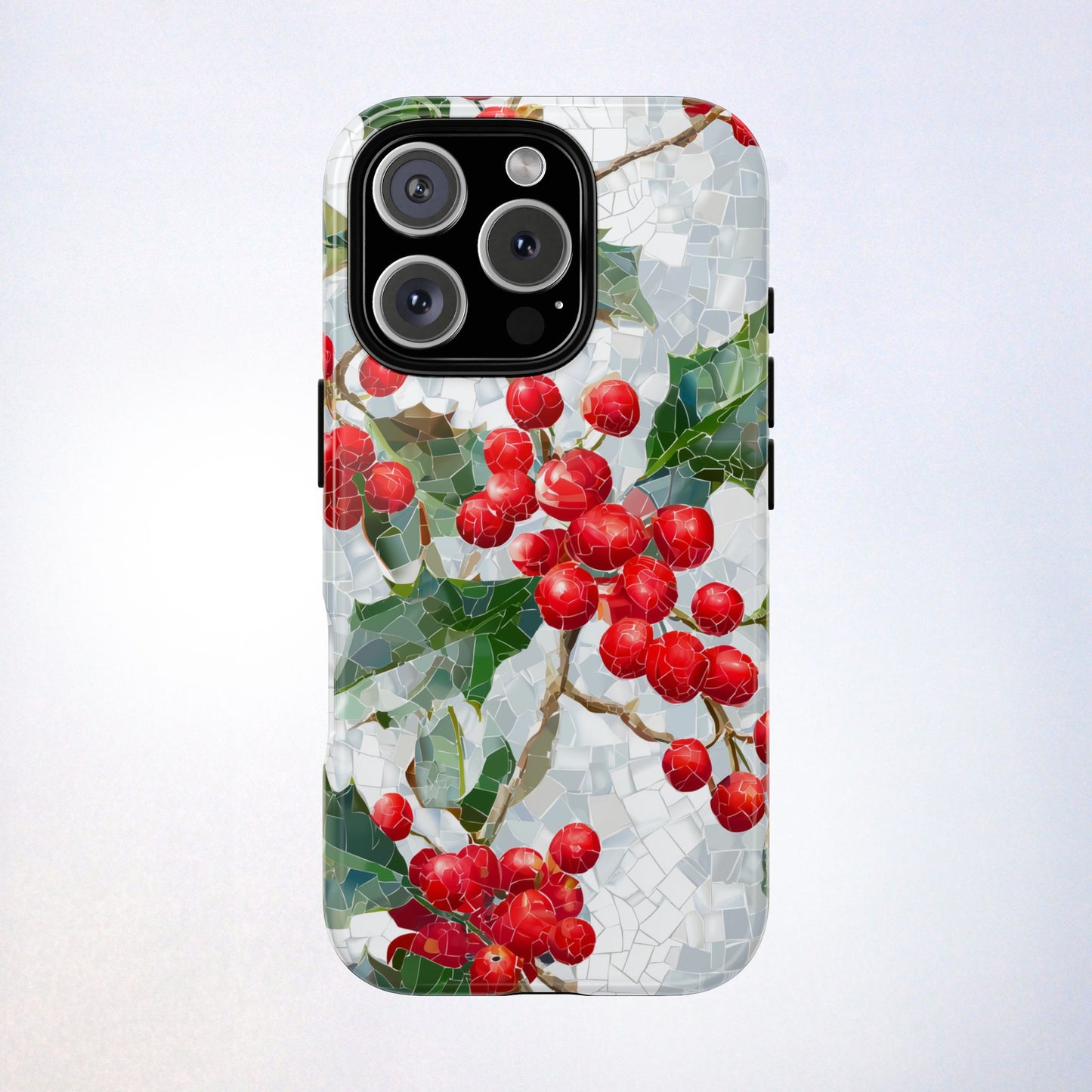 Holly Berry Phone Case, Christmas Mosaic Design, Winter Botanical Cover for iPhone Samsung Pixel
