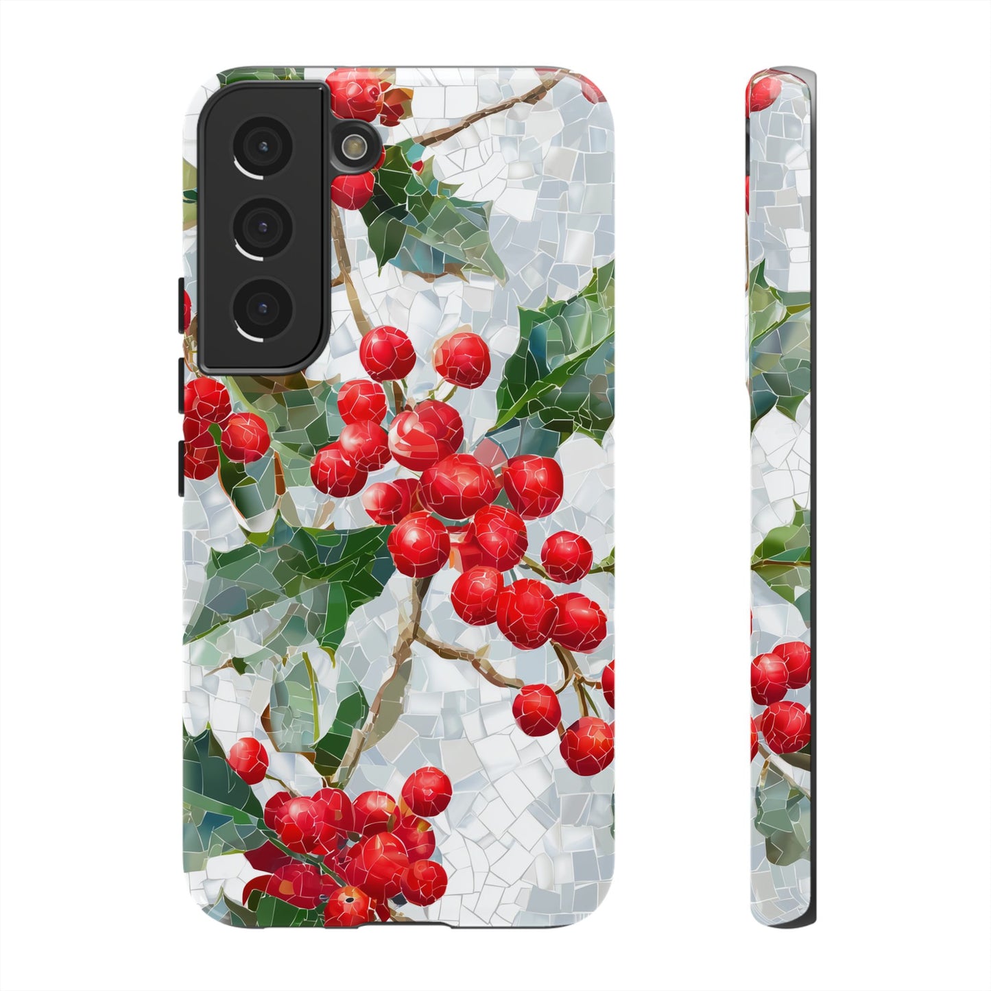 Holly Berry Phone Case, Christmas Mosaic Design, Winter Botanical Cover for iPhone Samsung Pixel