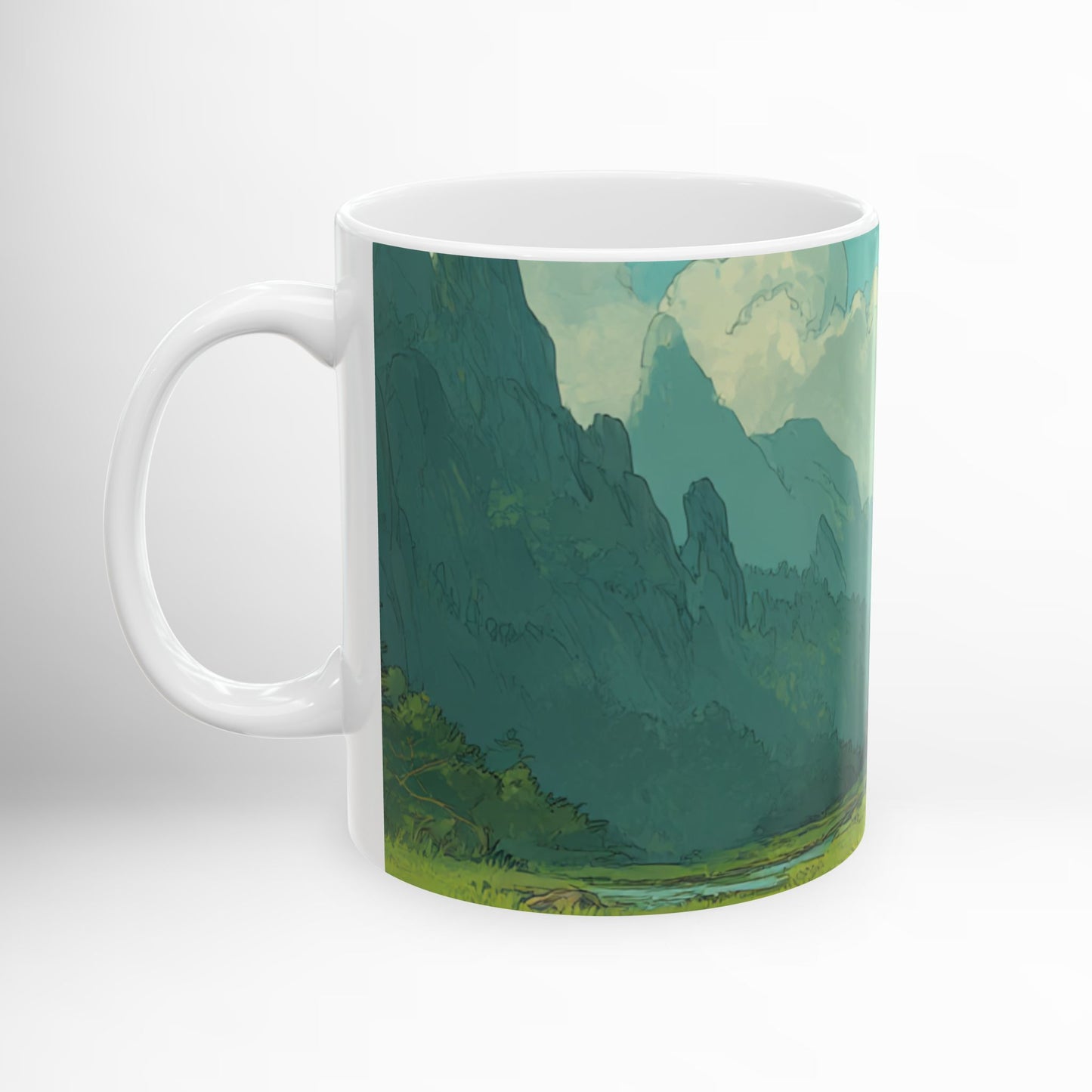 Ghibli-Inspired Mountain Cabin Mug Scenic Nature Ceramic Coffee Cup, Cozy Rustic Forest Drinkware, Whimsical Landscape Gift 11oz & 15oz