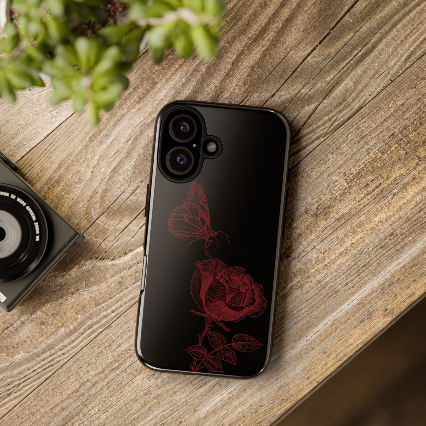Black Rose and Butterfly Phone Case - Dark Academia Aesthetic Gothic iPhone, Galaxy and Pixel Cover