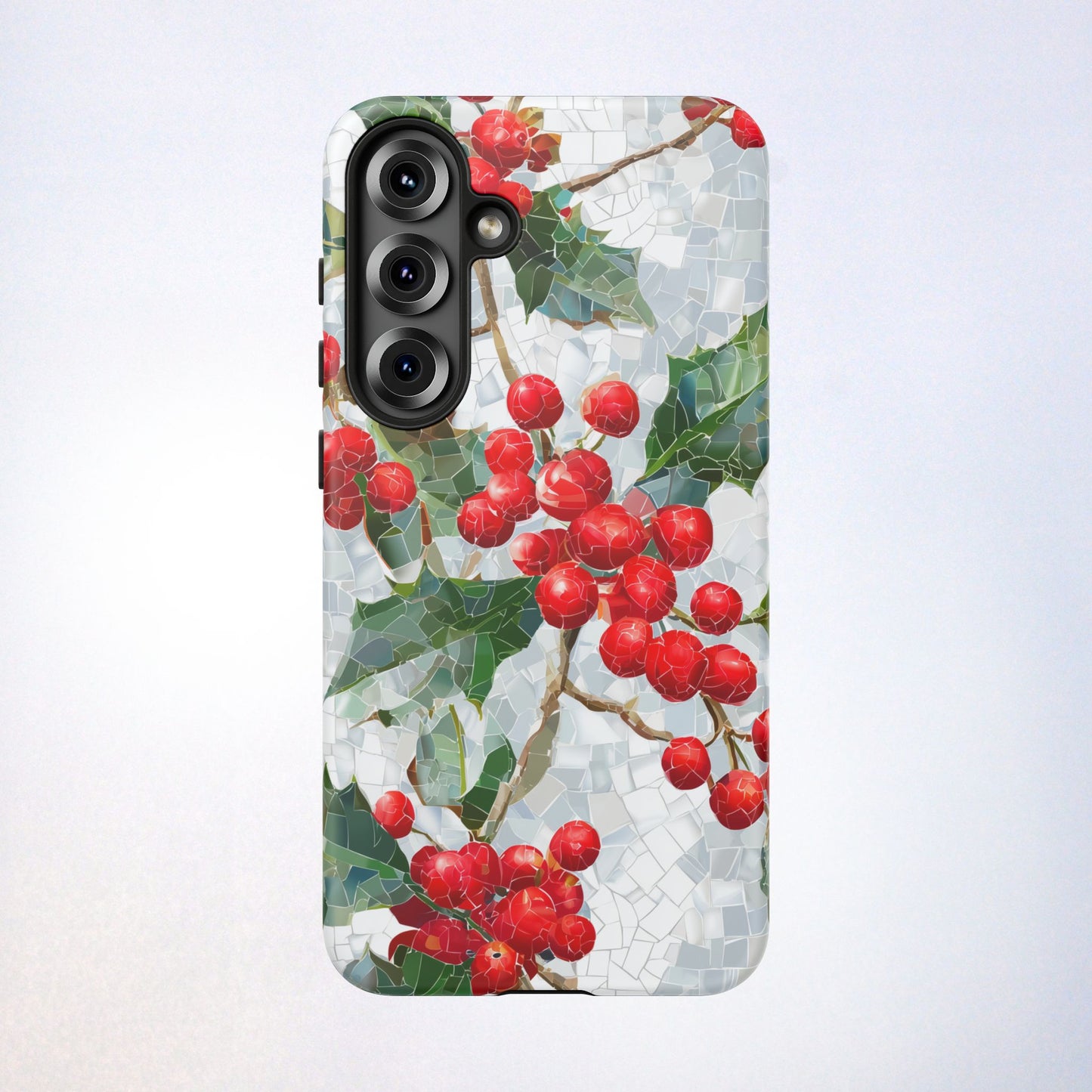 Holly Berry Phone Case, Christmas Mosaic Design, Winter Botanical Cover for iPhone Samsung Pixel