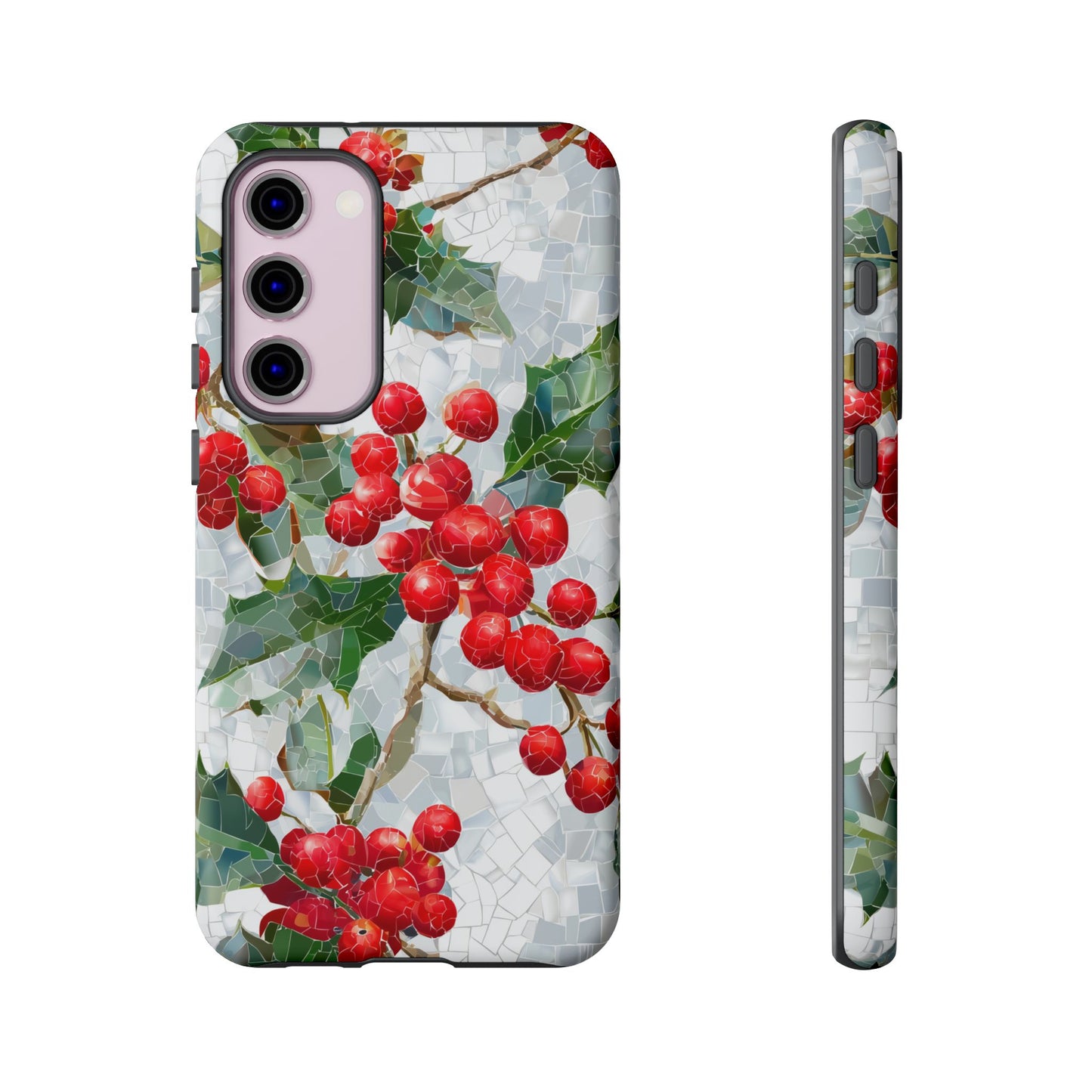 Holly Berry Phone Case, Christmas Mosaic Design, Winter Botanical Cover for iPhone Samsung Pixel