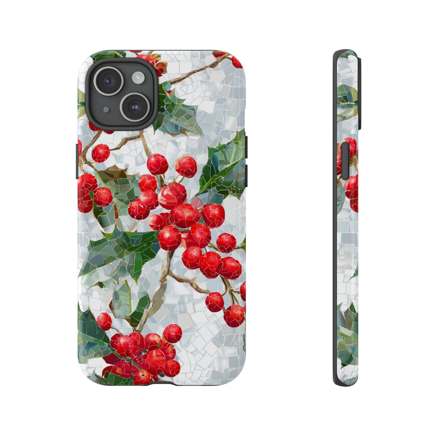 Holly Berry Phone Case, Christmas Mosaic Design, Winter Botanical Cover for iPhone Samsung Pixel