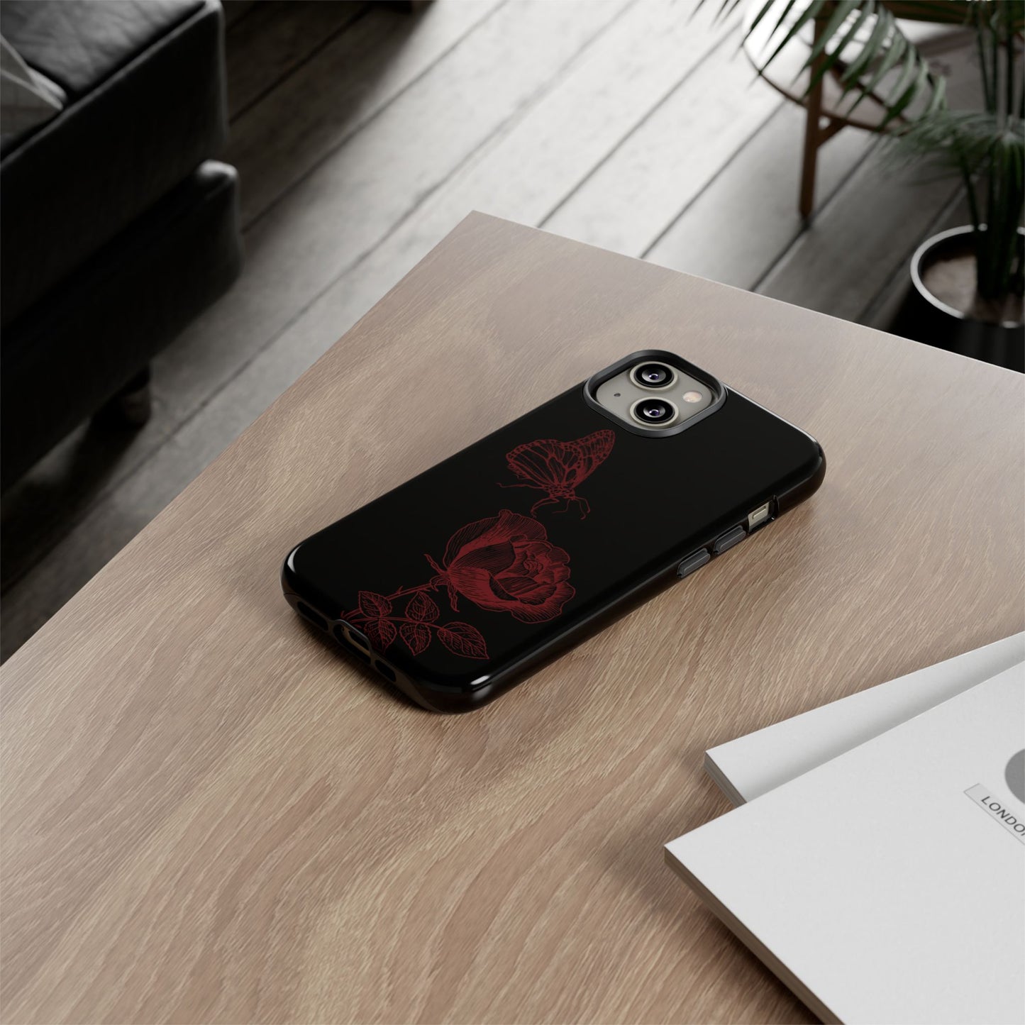 Black Rose and Butterfly Phone Case - Dark Academia Aesthetic Gothic iPhone, Galaxy and Pixel Cover