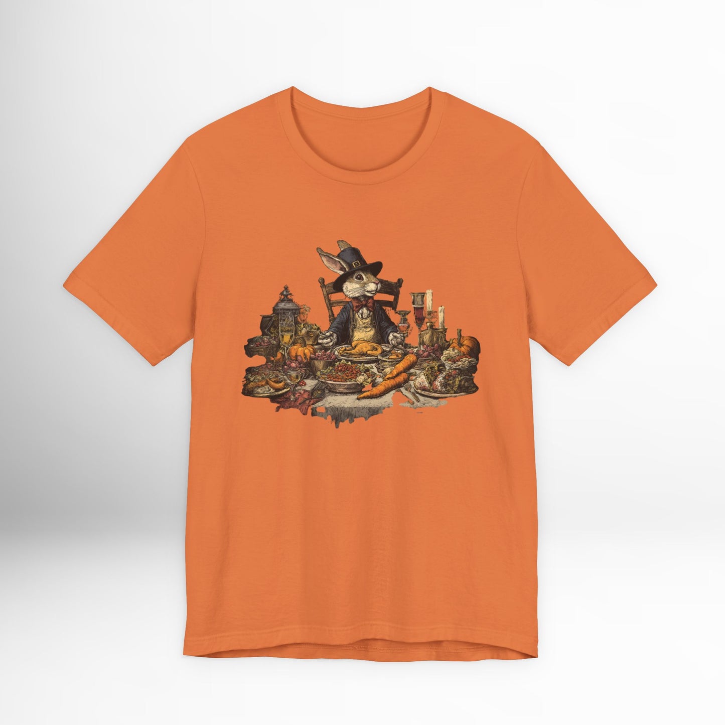 Thanksgiving Rabbit Feast T-Shirt Vintage Holiday Graphic Tee, Autumn Dinner Woodland Animal Shirt, Rustic Harvest Celebration Top