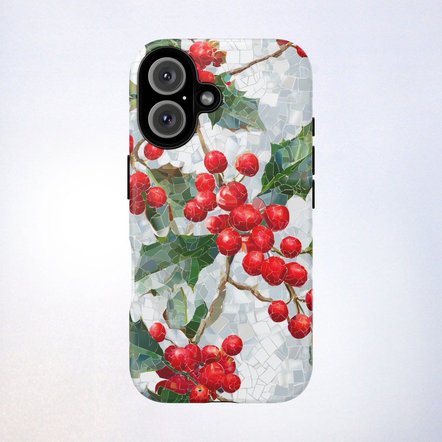 Holly Berry Phone Case, Christmas Mosaic Design, Winter Botanical Cover for iPhone Samsung Pixel